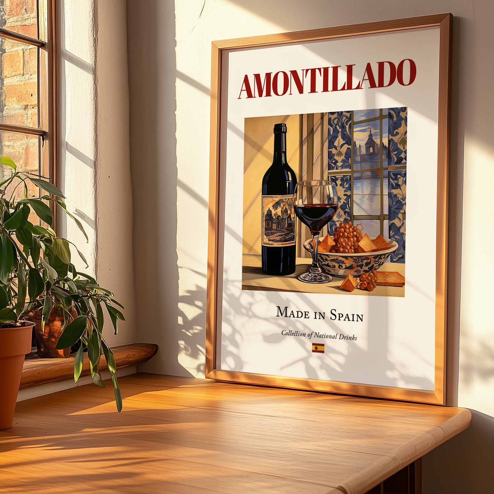 Amontillado – Spanish Dessert Wine, Wine Bar Poster, no-text version framed in wood