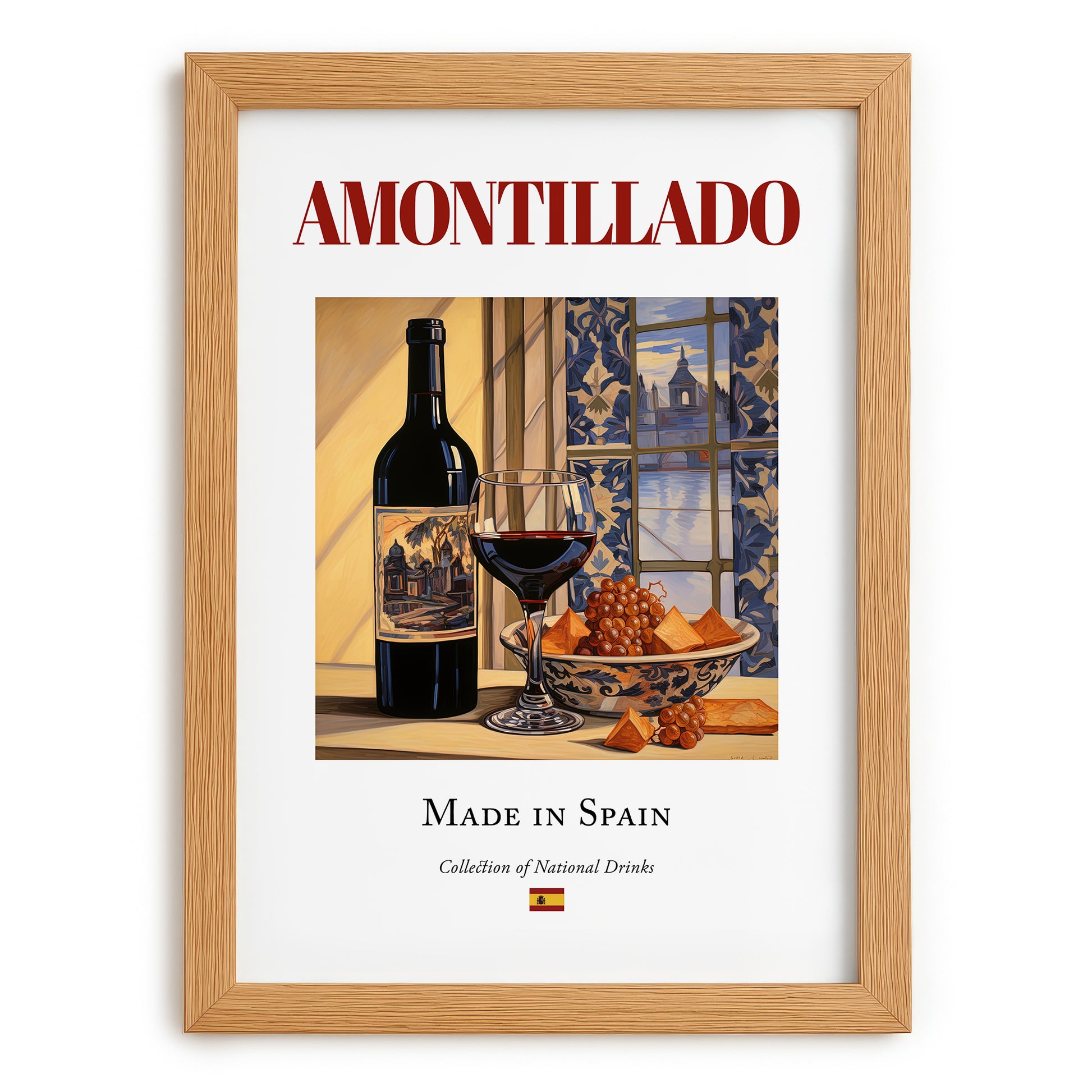 Amontillado – Spanish Dessert Wine, Wine Bar Poster, set in oak frame