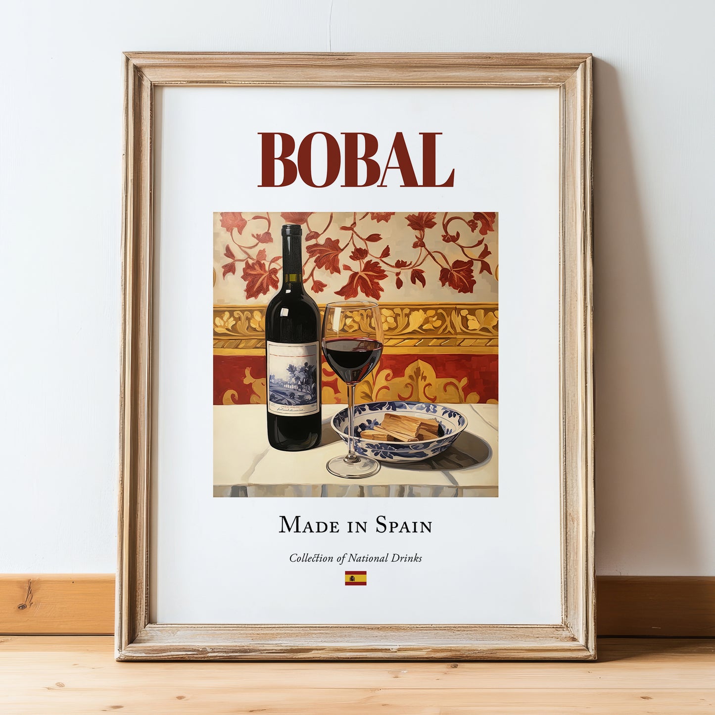 Bobal – Spanish Red Wine, Vinoteca Poster, in wooden frame leaning on the floor