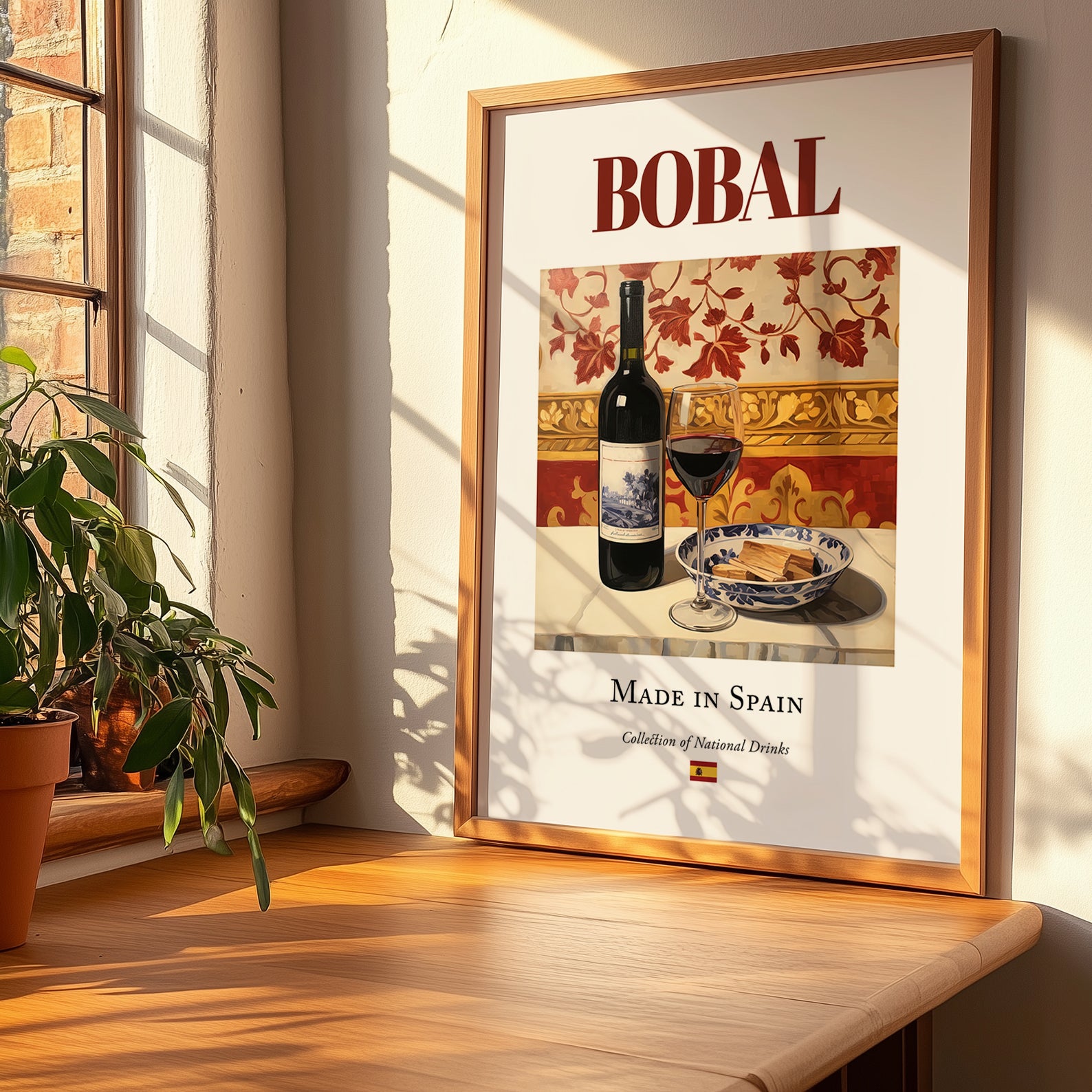 Bobal – Spanish Red Wine, Vinoteca Poster, no-text version framed in wood