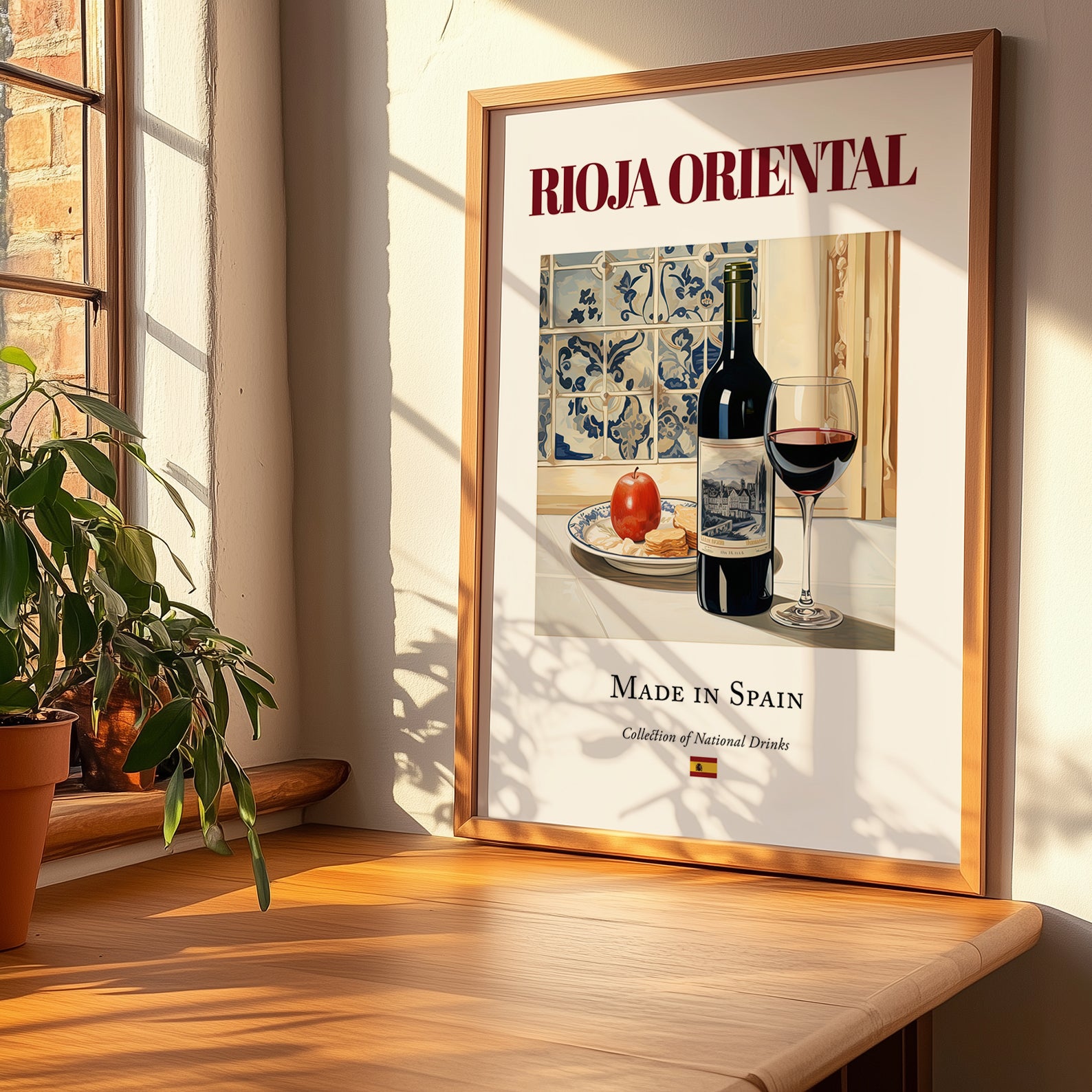 Rioja Oriental – Spanish Red Wine, Enoteca Painting, no-text version framed in wood