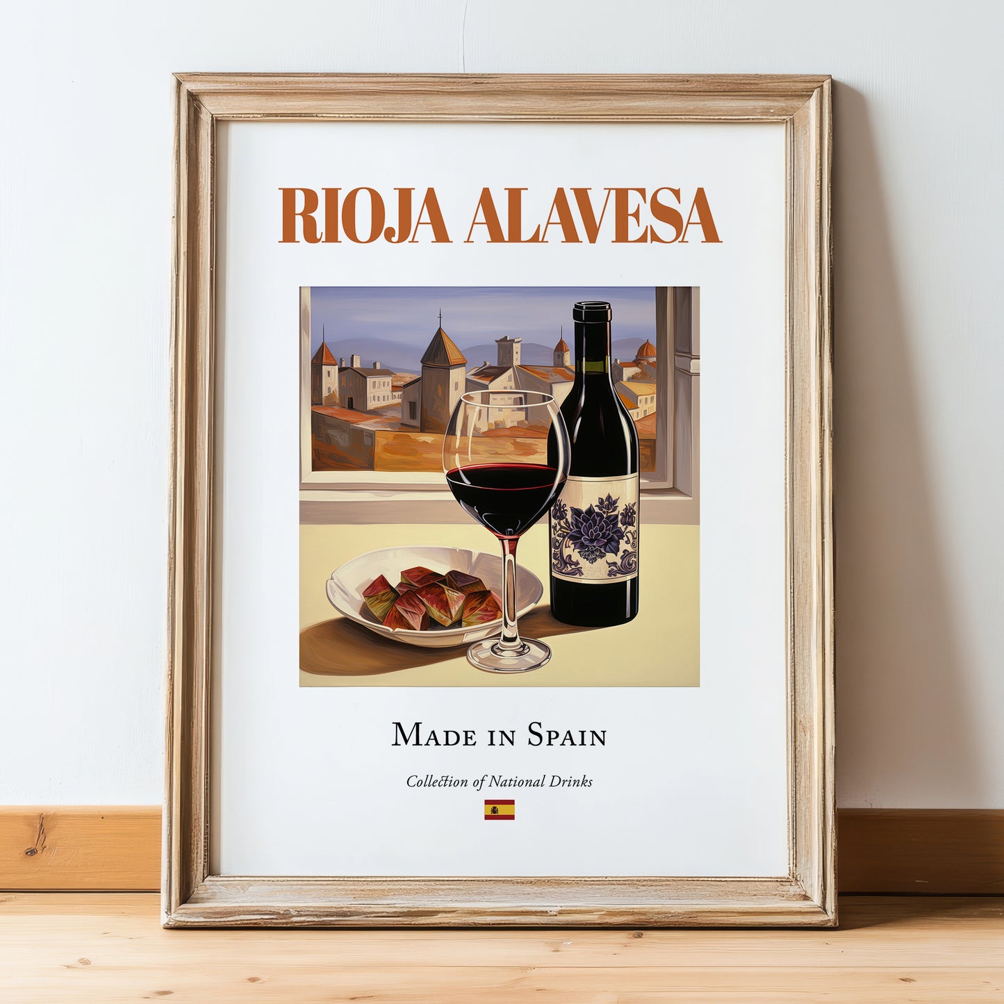 Rioja Alavesa – Spanish Red Wine, Vineyard Terrace Print, in wooden frame leaning on the floor