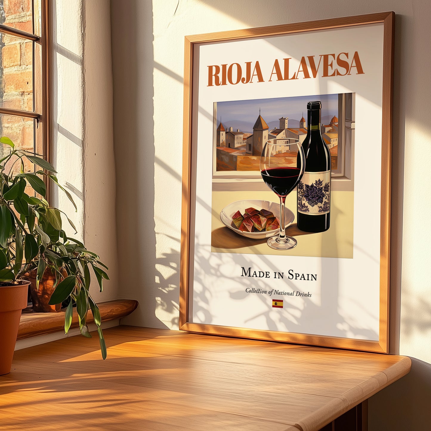Rioja Alavesa – Spanish Red Wine, Vineyard Terrace Print, no-text version framed in wood