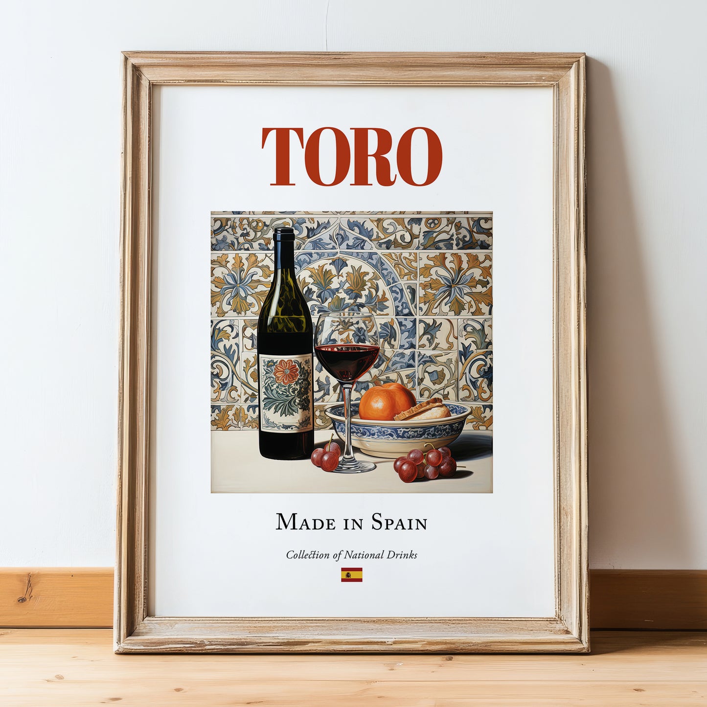 Toro – Spanish Red Wine, Wine Bar Print, in wooden frame leaning on the floor