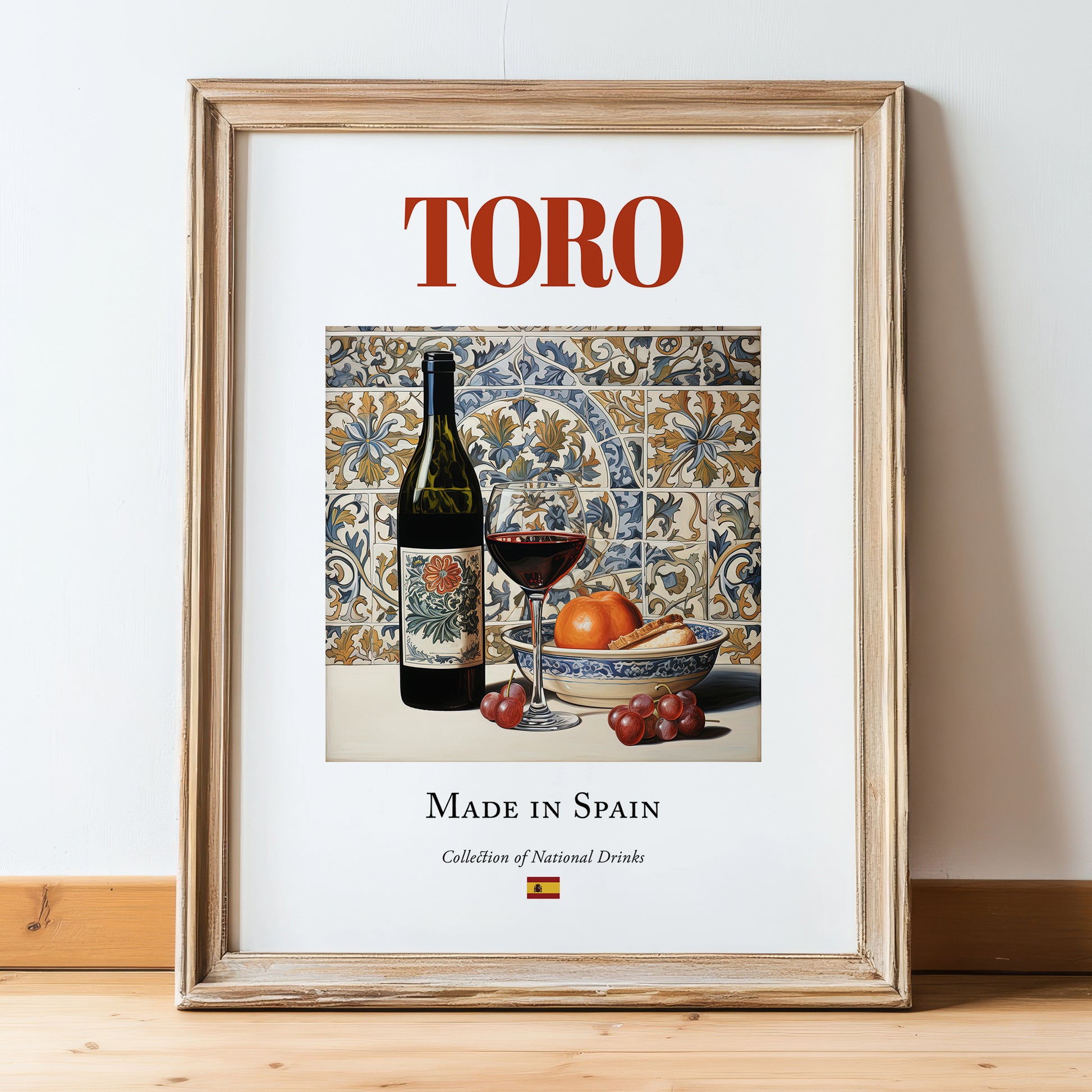 Toro – Spanish Red Wine, Wine Bar Print, in wooden frame leaning on the floor