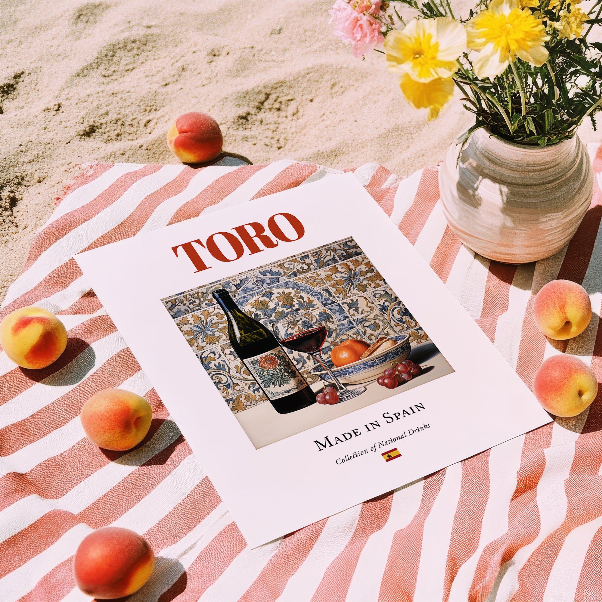 Toro – Spanish Red Wine, Wine Bar Print, unframed on coastal sand