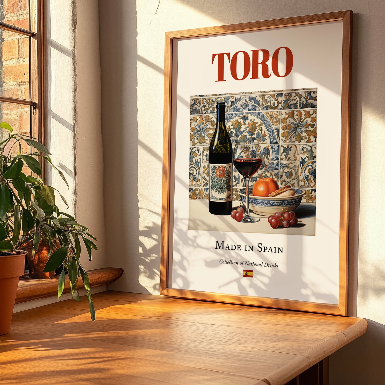 Toro – Spanish Red Wine, Wine Bar Print, no-text version framed in wood
