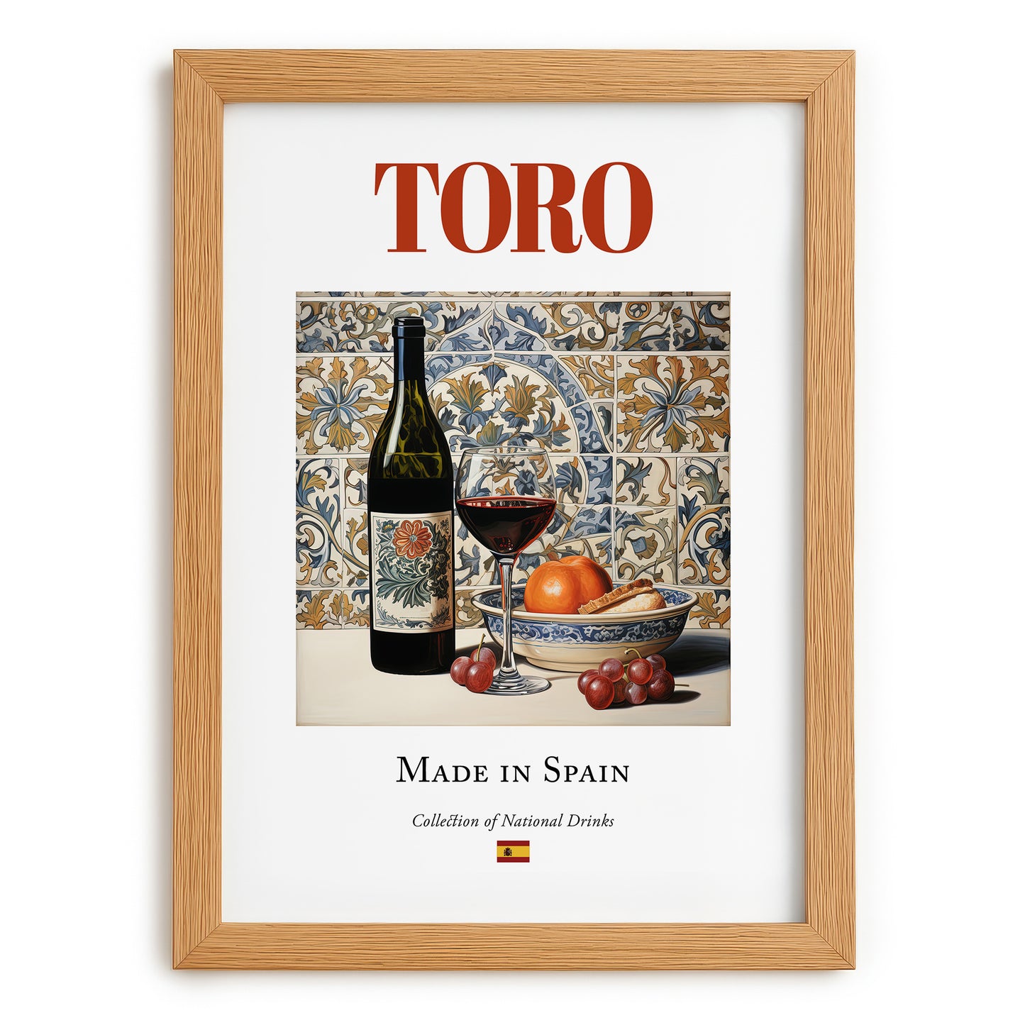 Toro – Spanish Red Wine, Wine Bar Print, set in oak frame