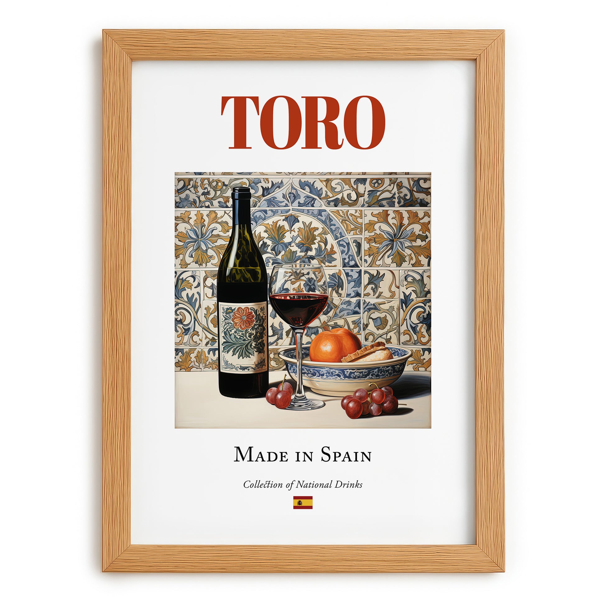 Toro – Spanish Red Wine, Wine Bar Print, set in oak frame