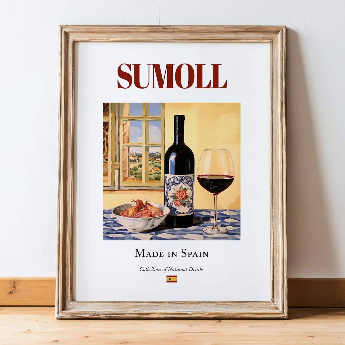 Sumoll – Spanish Red Wine, Tasting Room Poster, in wooden frame leaning on the floor