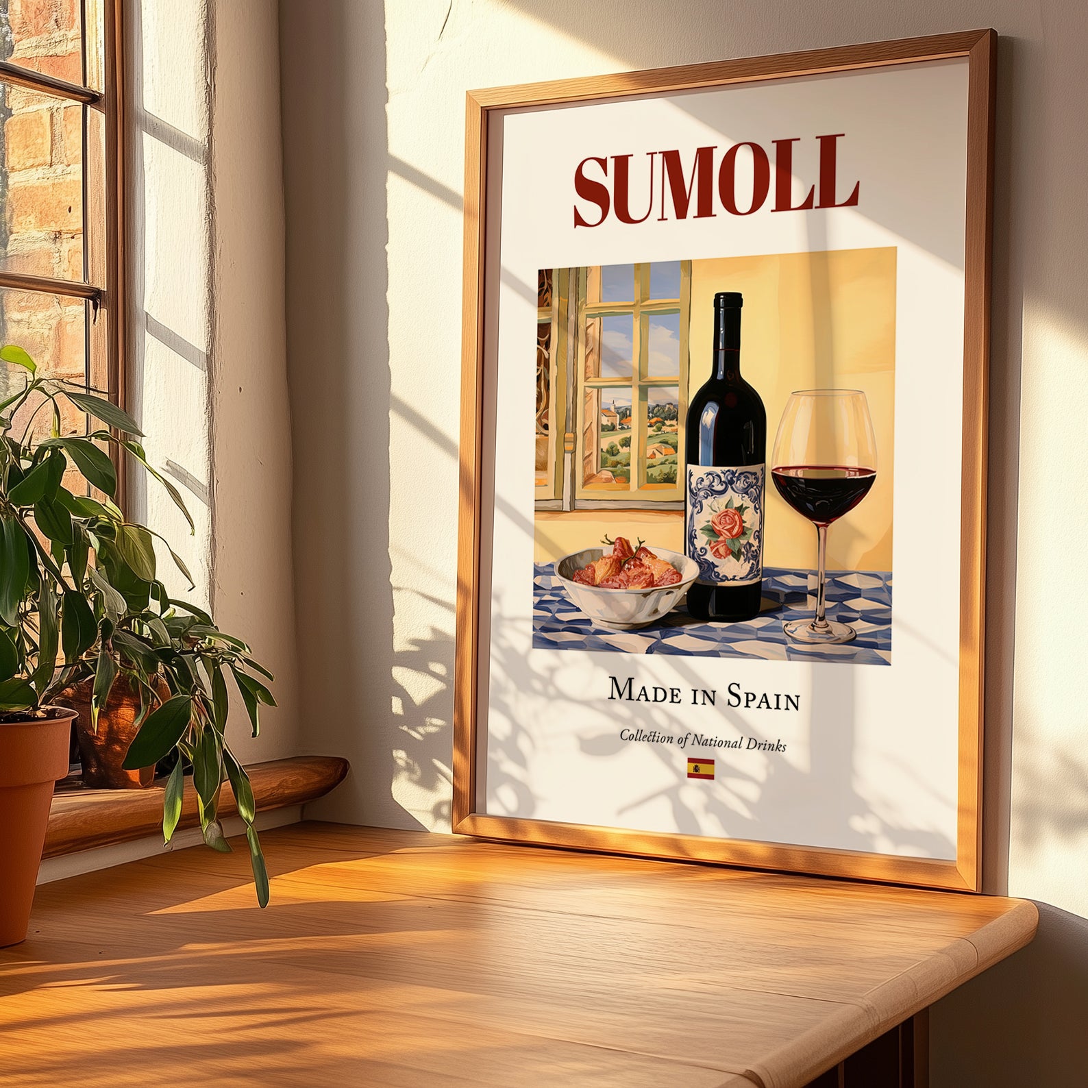 Sumoll – Spanish Red Wine, Tasting Room Poster, no-text version framed in wood