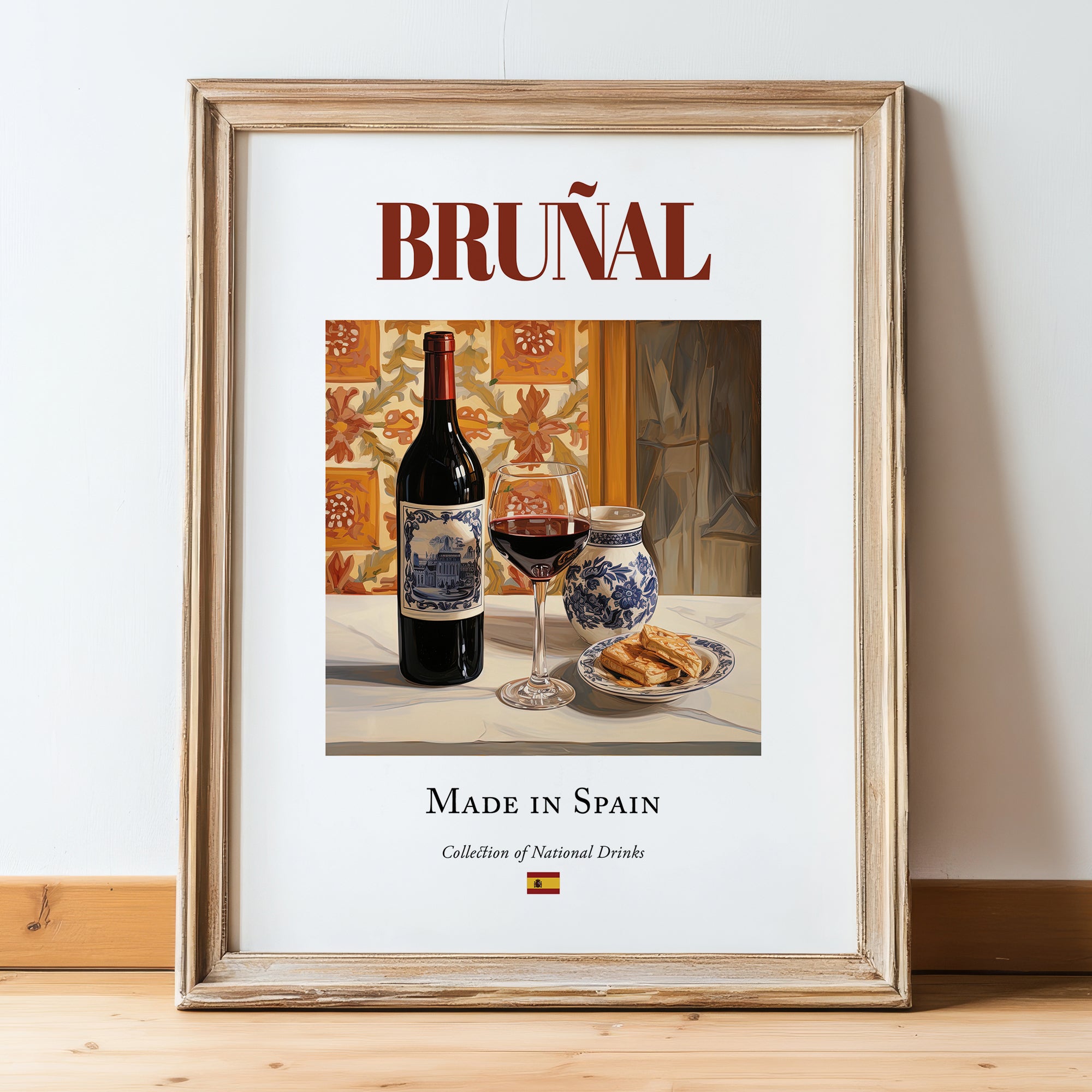 Bruñal – Spanish Red Wine, Vineyard Terrace Wall Decor, in wooden frame leaning on the floor