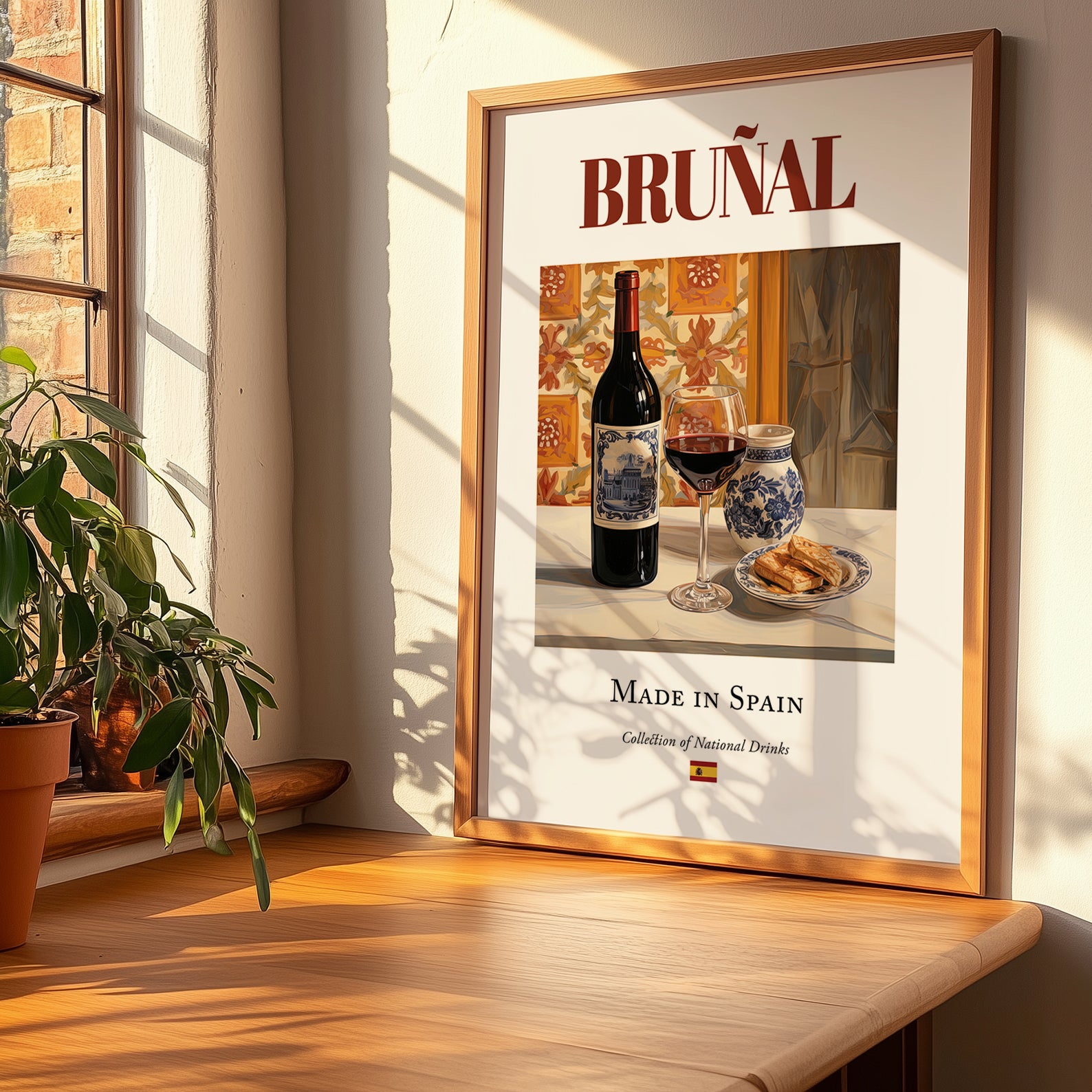 Bruñal – Spanish Red Wine, Vineyard Terrace Wall Decor, no-text version framed in wood
