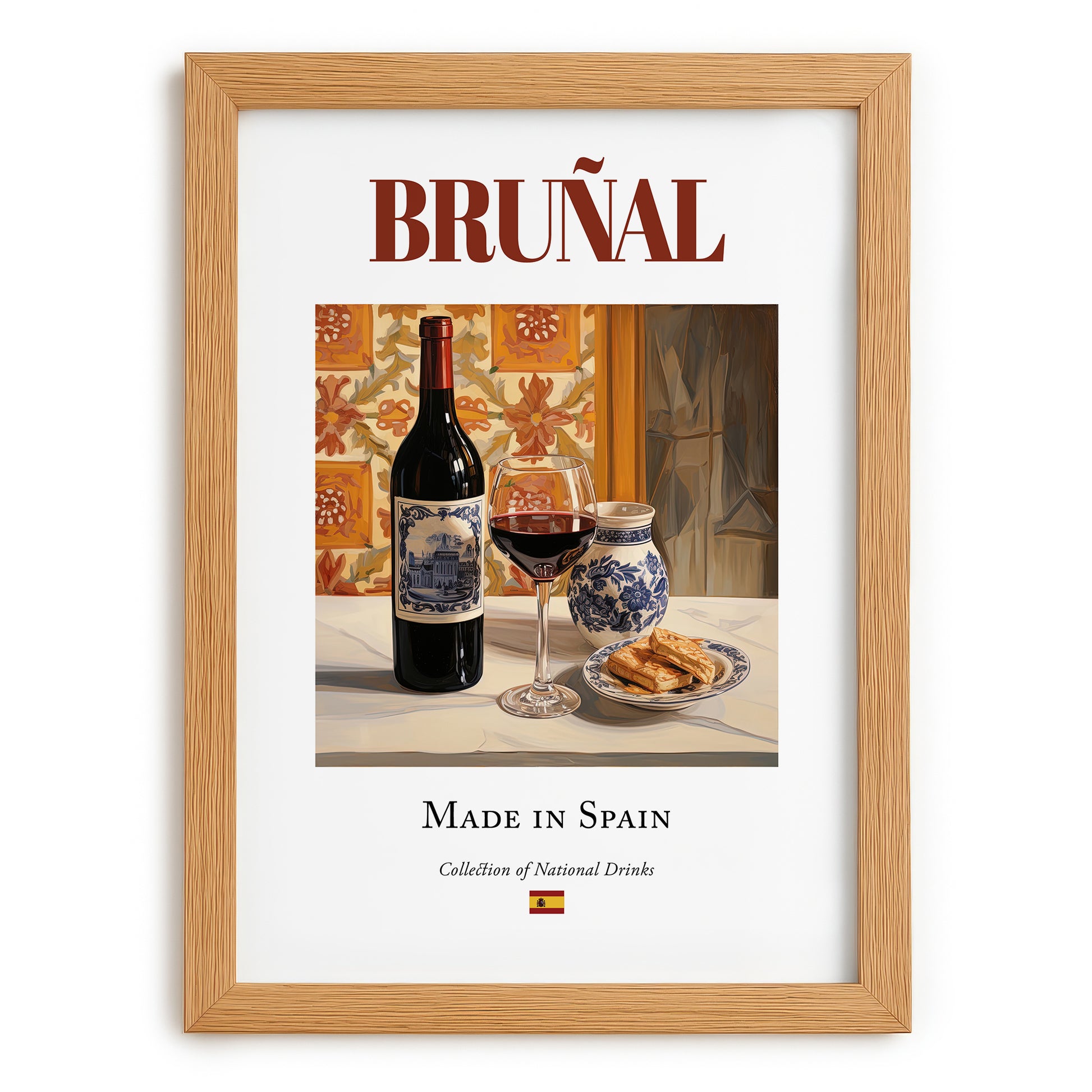 Bruñal – Spanish Red Wine, Vineyard Terrace Wall Decor, set in oak frame