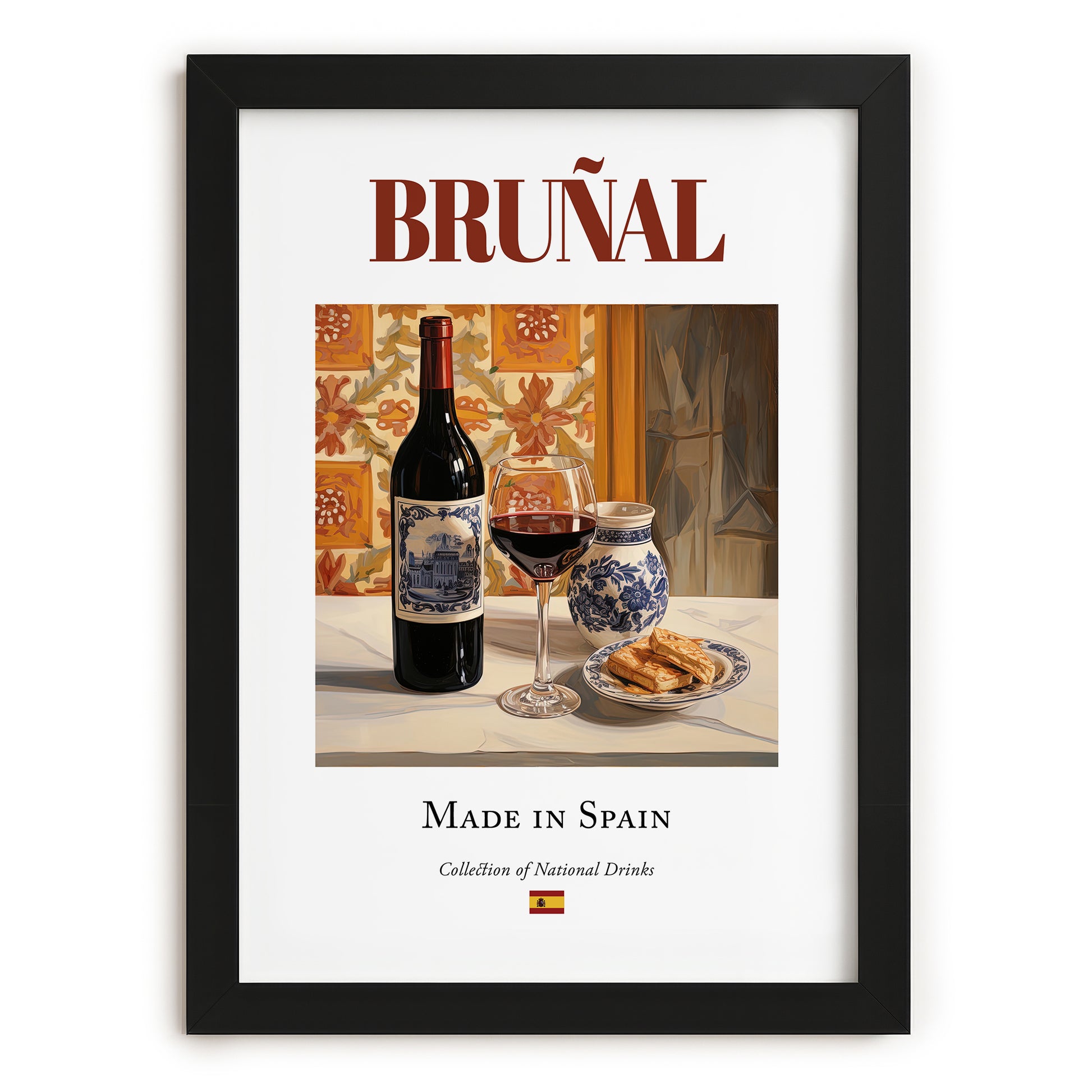 Bruñal – Spanish Red Wine, Vineyard Terrace Wall Decor, in sleek black frame