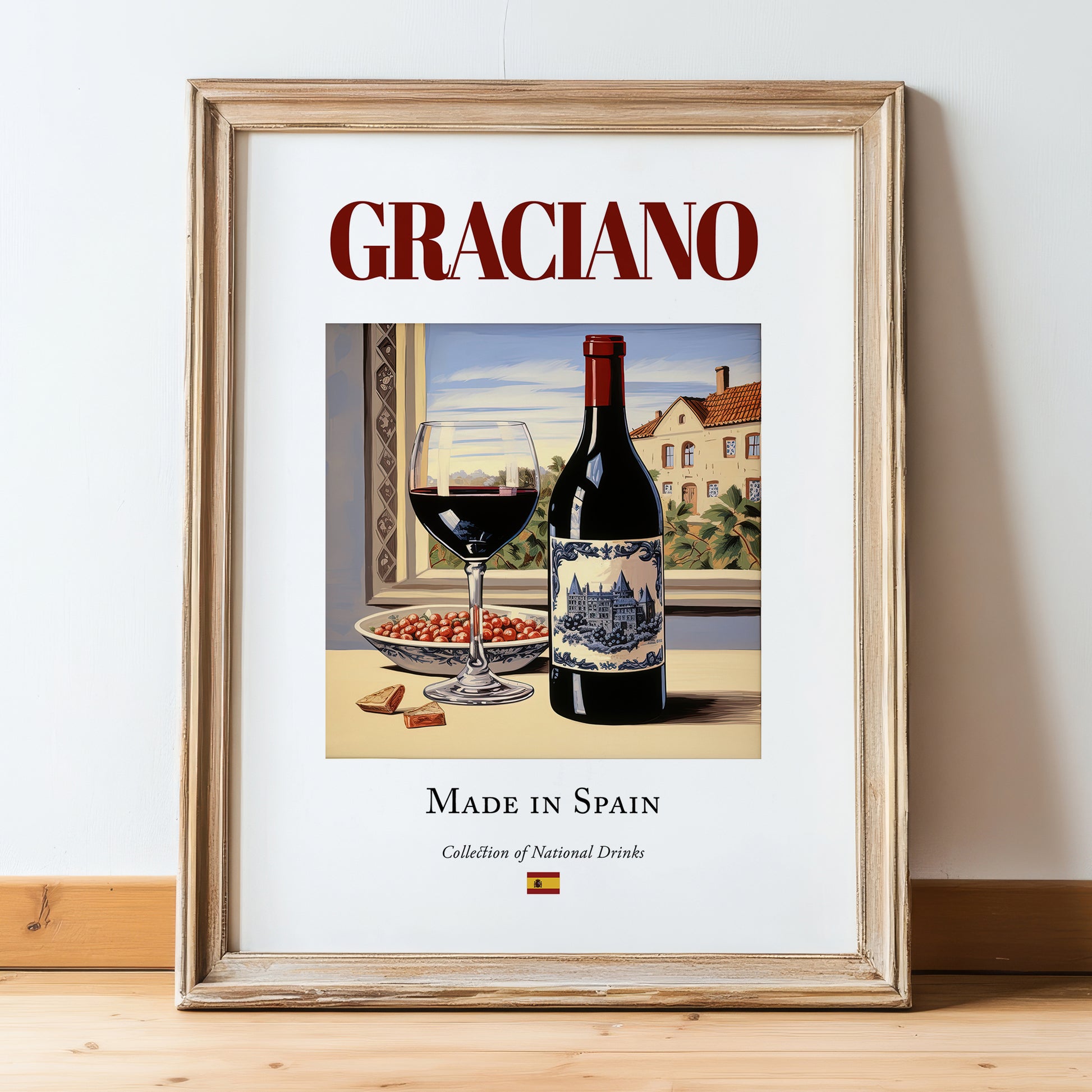 Graciano – Spanish Red Wine, Enoteca Poster, in wooden frame leaning on the floor