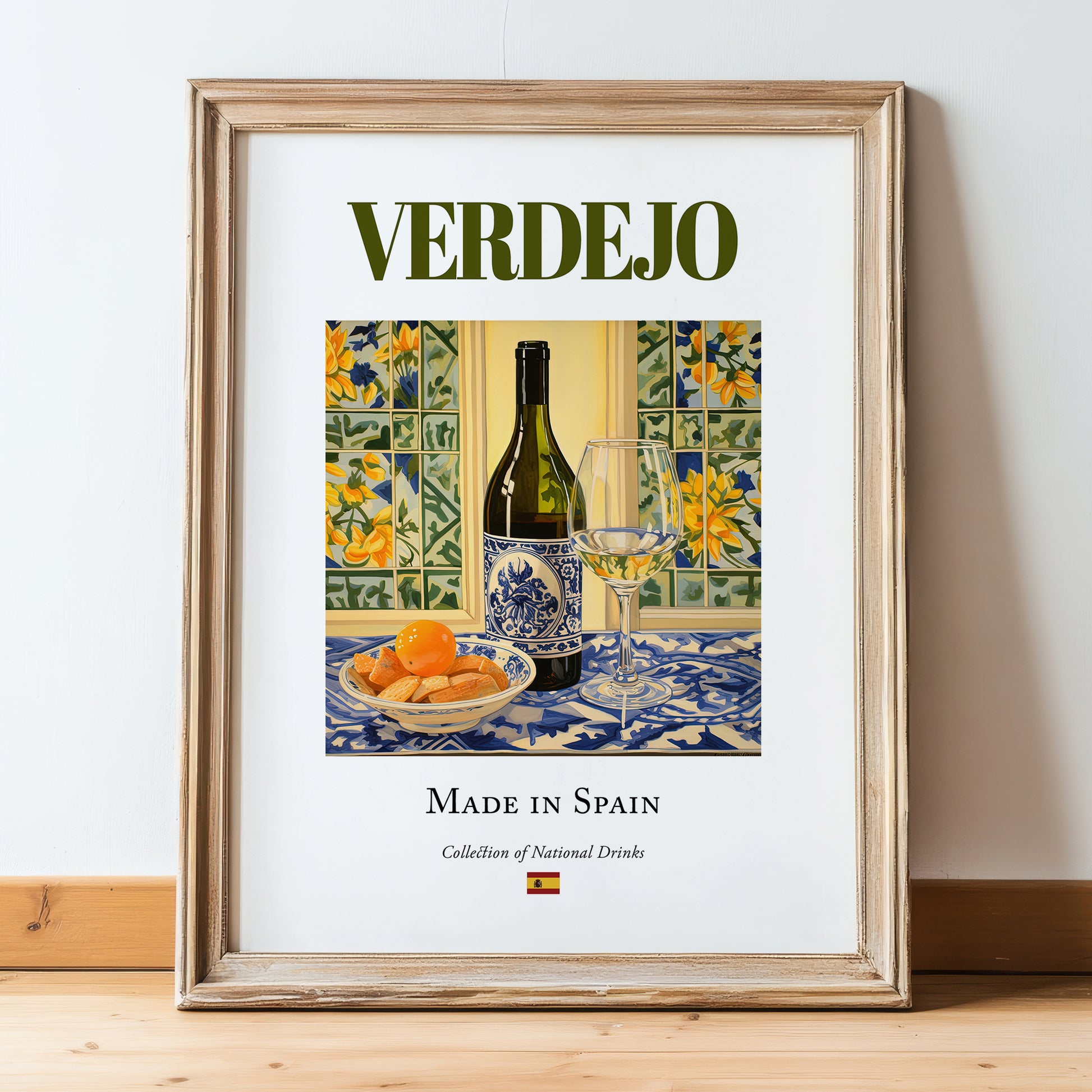 Verdejo – Spanish White Wine, Vinoteca Painting, in wooden frame leaning on the floor