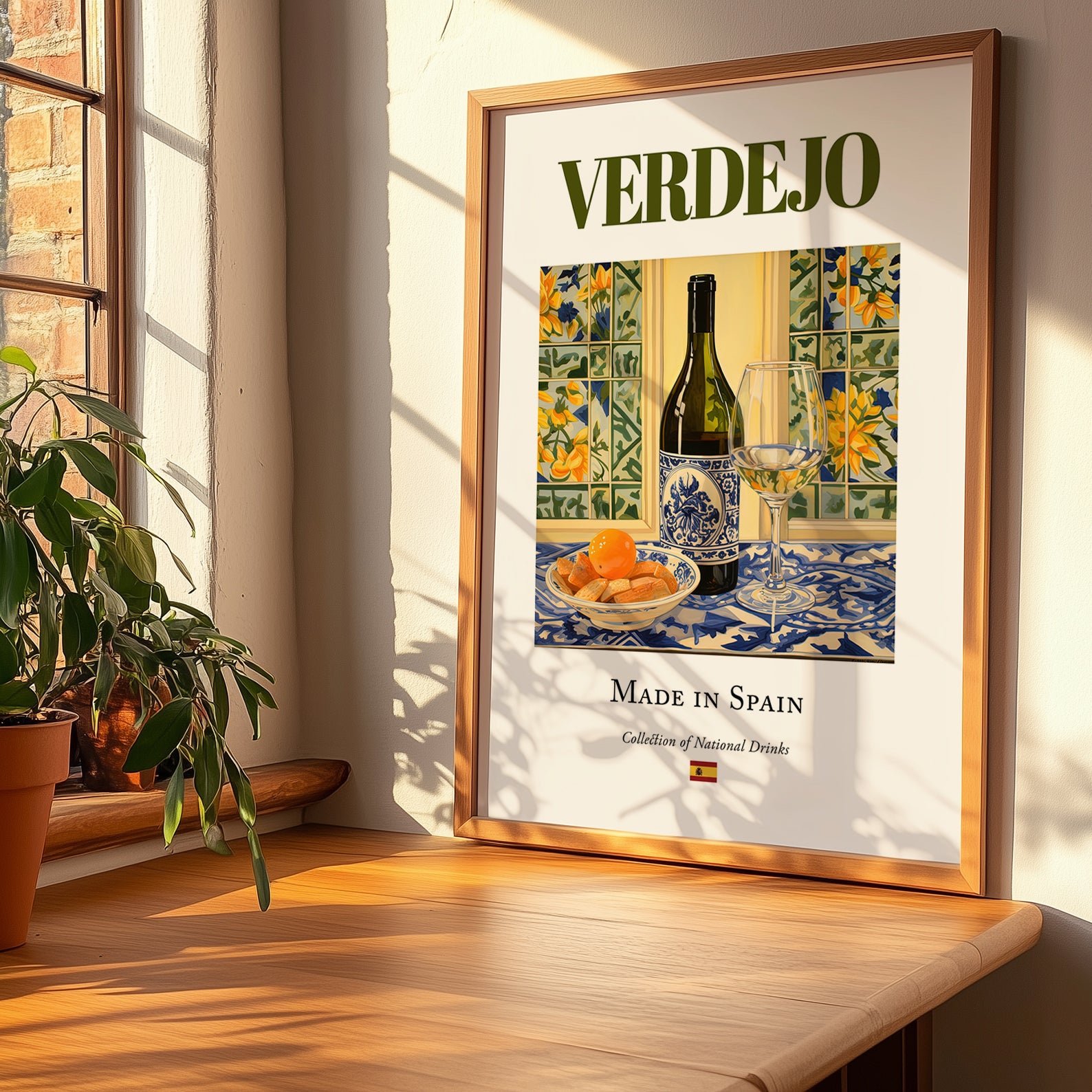Verdejo – Spanish White Wine, Vinoteca Painting, no-text version framed in wood