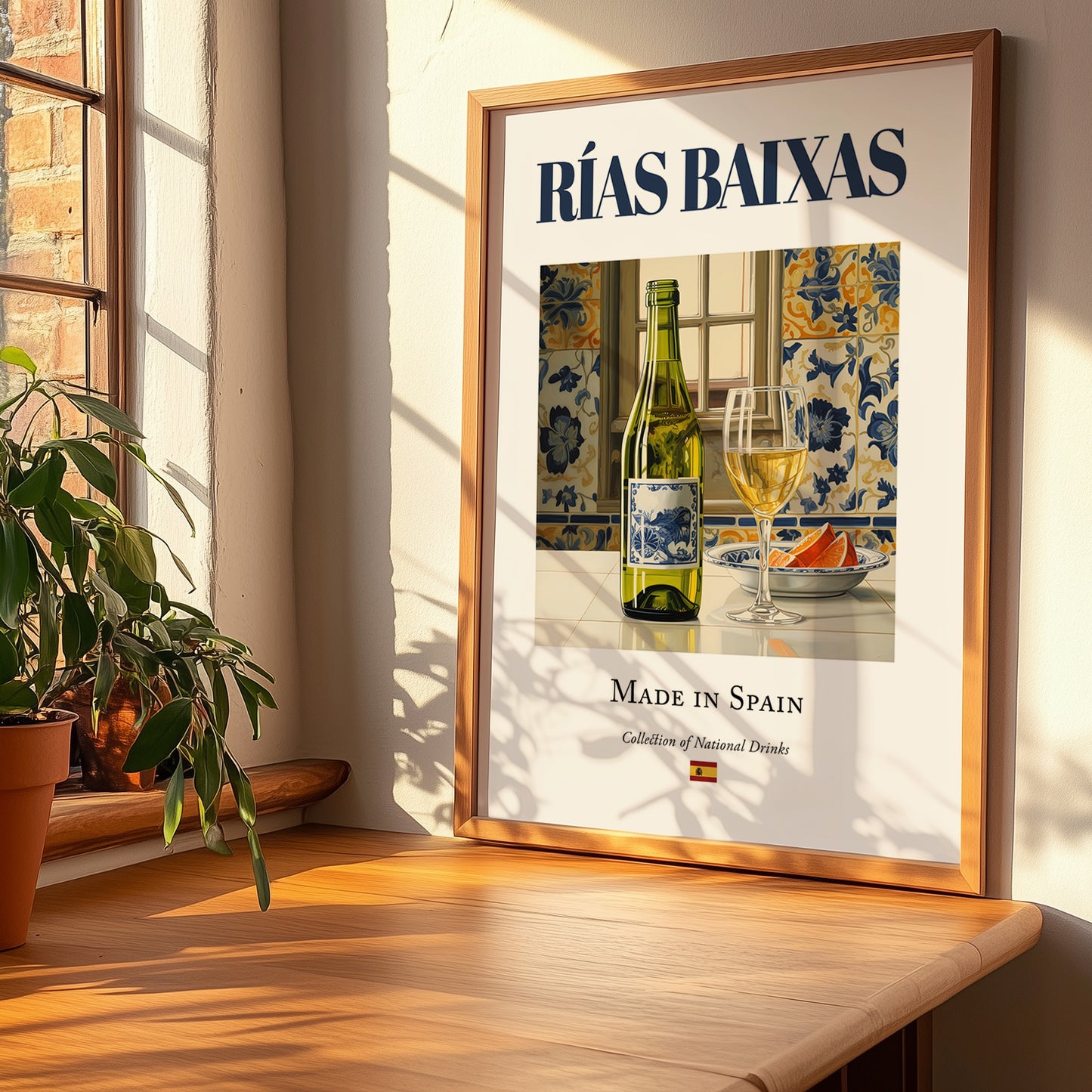 Rías Baixas – Spanish White Wine, Tasting Room Wall Decor, no-text version framed in wood