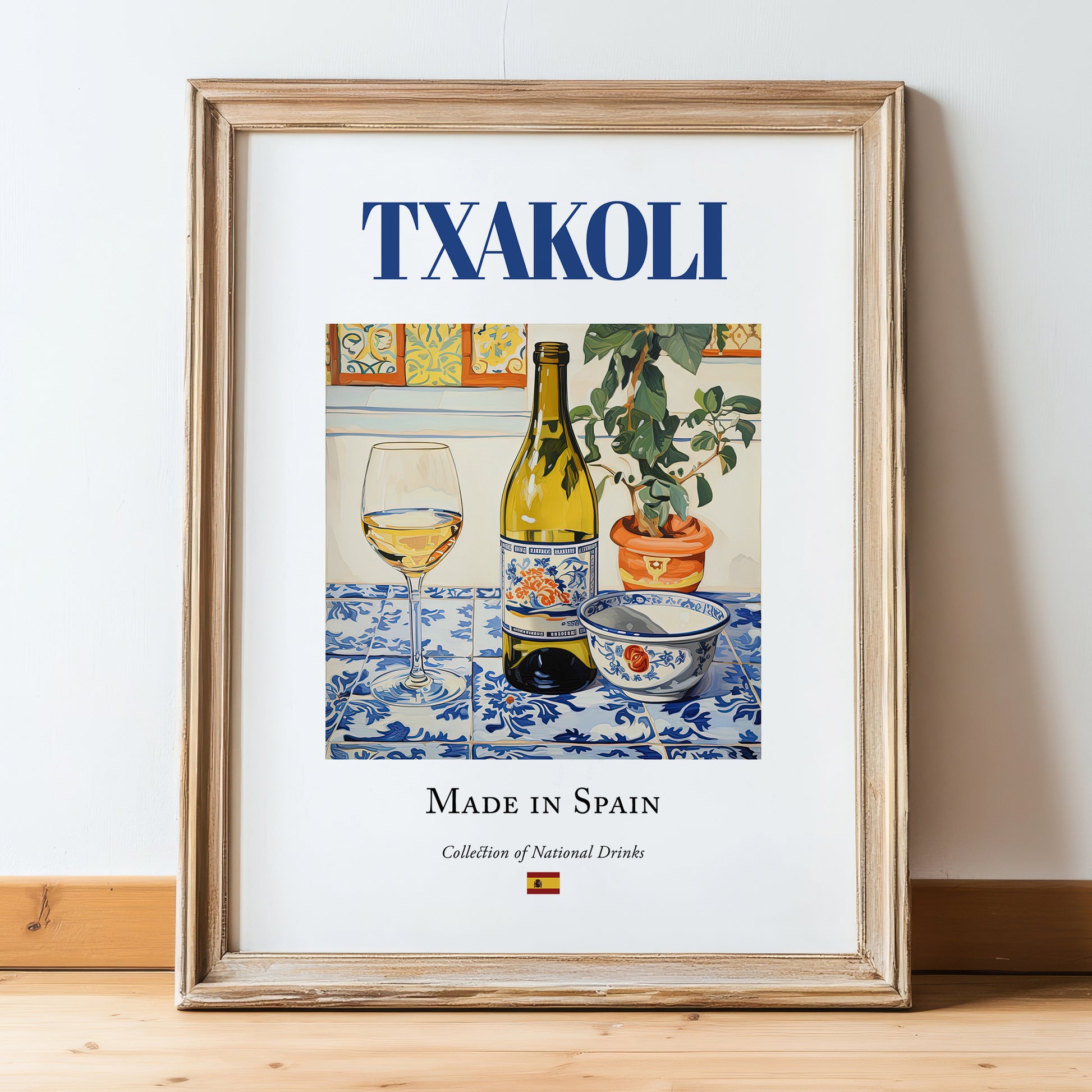 Txakoli – Spanish White Wine, Enoteca Poster, in wooden frame leaning on the floor