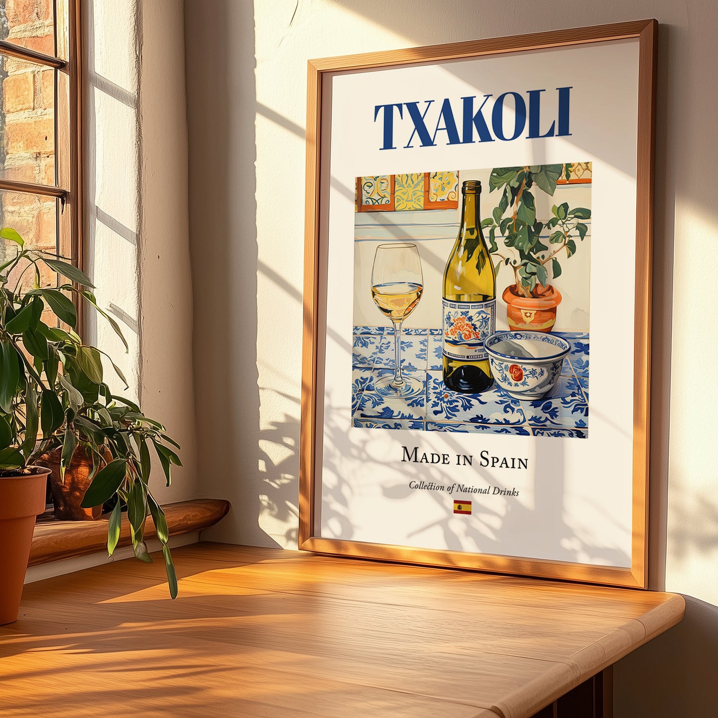 Txakoli – Spanish White Wine, Enoteca Poster, no-text version framed in wood