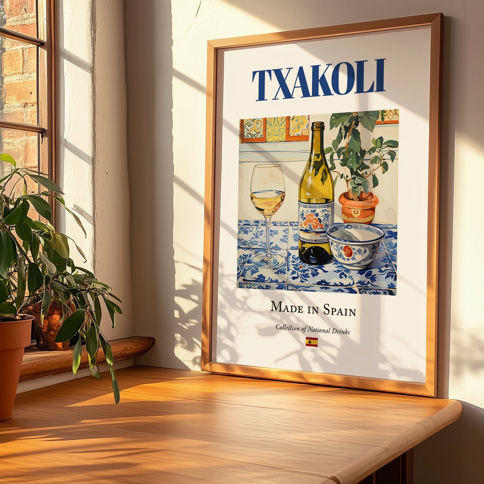 Txakoli – Spanish White Wine, Enoteca Poster, no-text version framed in wood