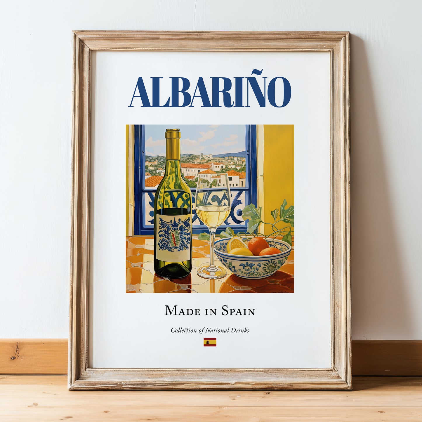 Albariño – Spanish White Wine, Vinoteca Wall Art, in wooden frame leaning on the floor