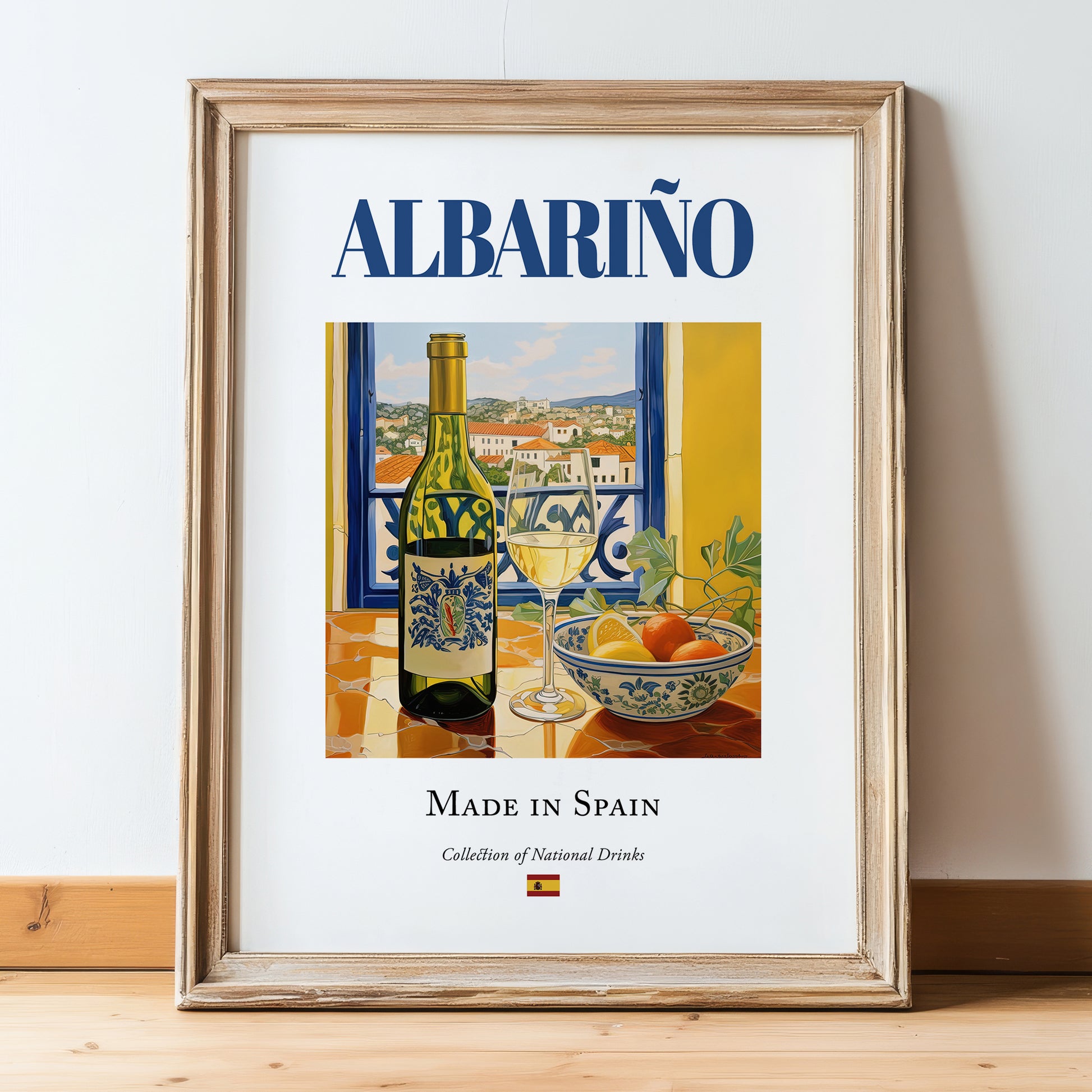 Albariño – Spanish White Wine, Vinoteca Wall Art, in wooden frame leaning on the floor