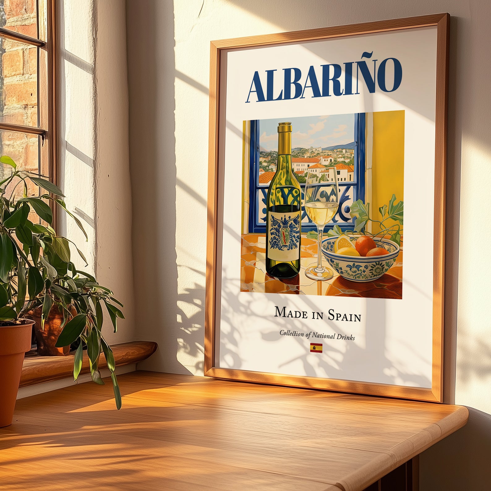 Albariño – Spanish White Wine, Vinoteca Wall Art, no-text version framed in wood