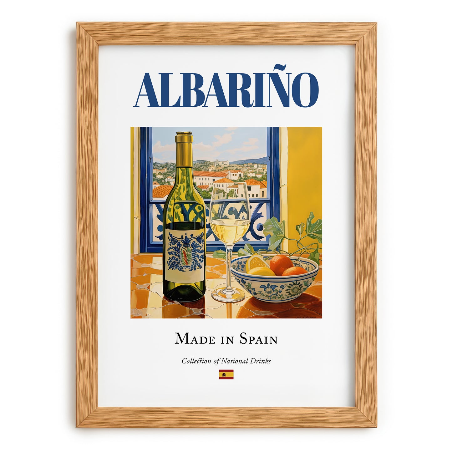 Albariño – Spanish White Wine, Vinoteca Wall Art, set in oak frame