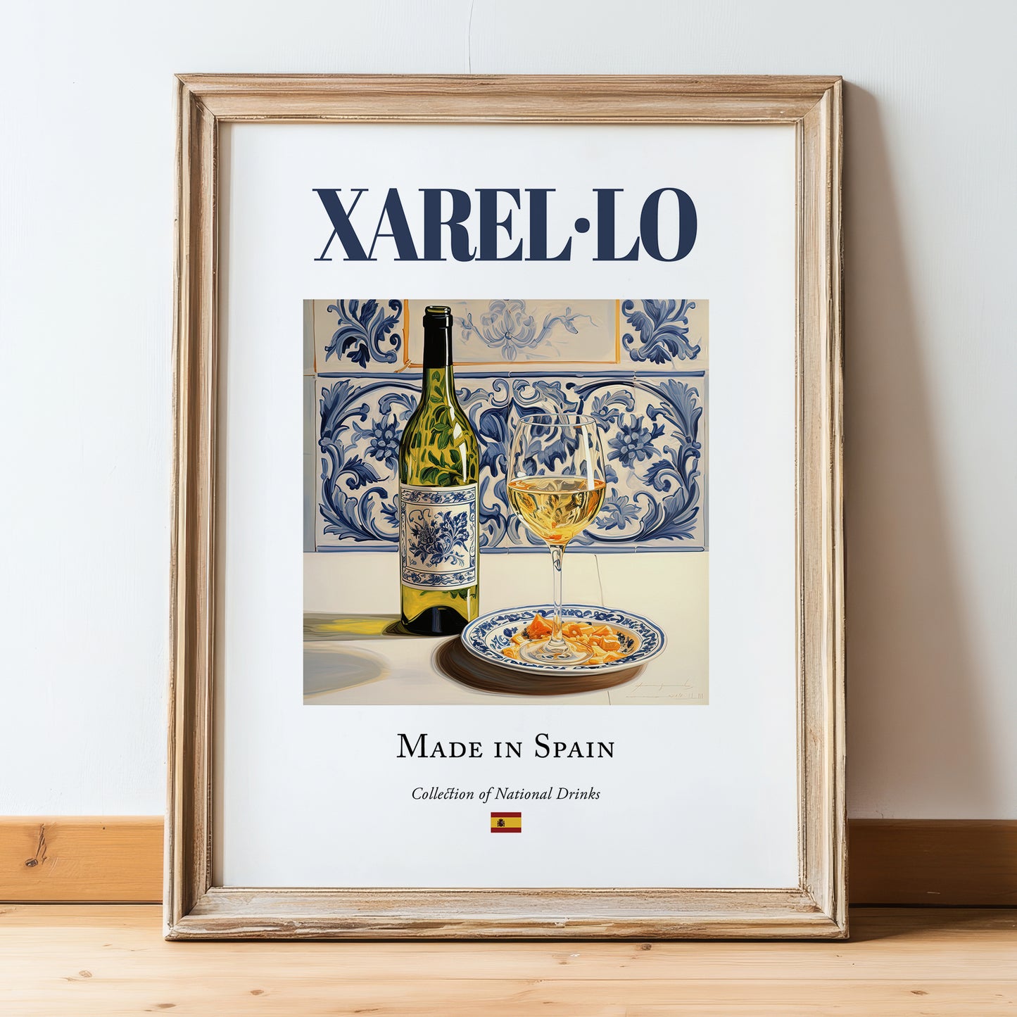 Xarel·lo – Spanish White Wine, Wine Bar Wall Art, in wooden frame leaning on the floor