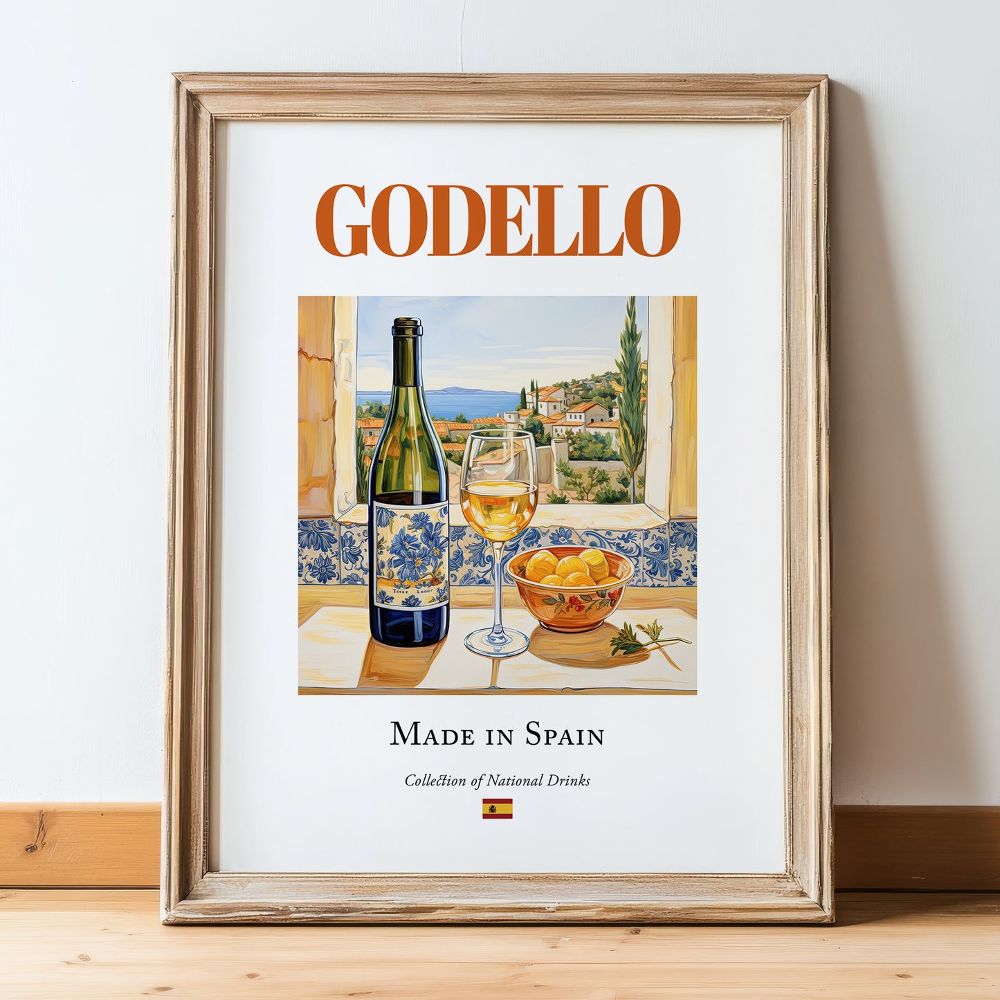 Godello – Spanish White Wine, Vinoteca Still Life, in wooden frame leaning on the floor