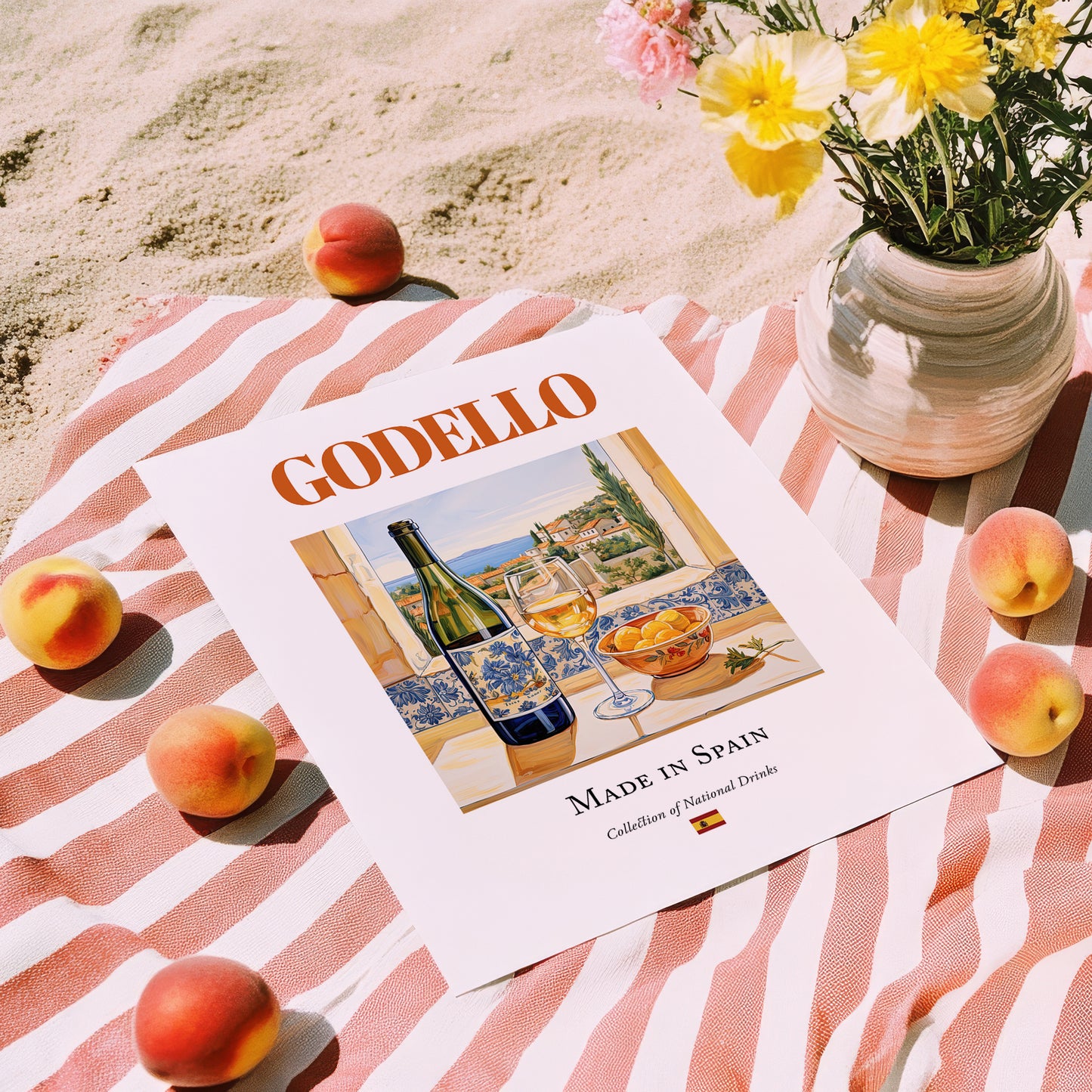 Godello – Spanish White Wine, Vinoteca Still Life, unframed on coastal sand