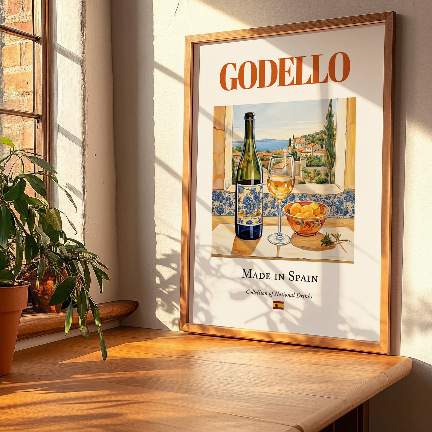 Godello – Spanish White Wine, Vinoteca Still Life, no-text version framed in wood