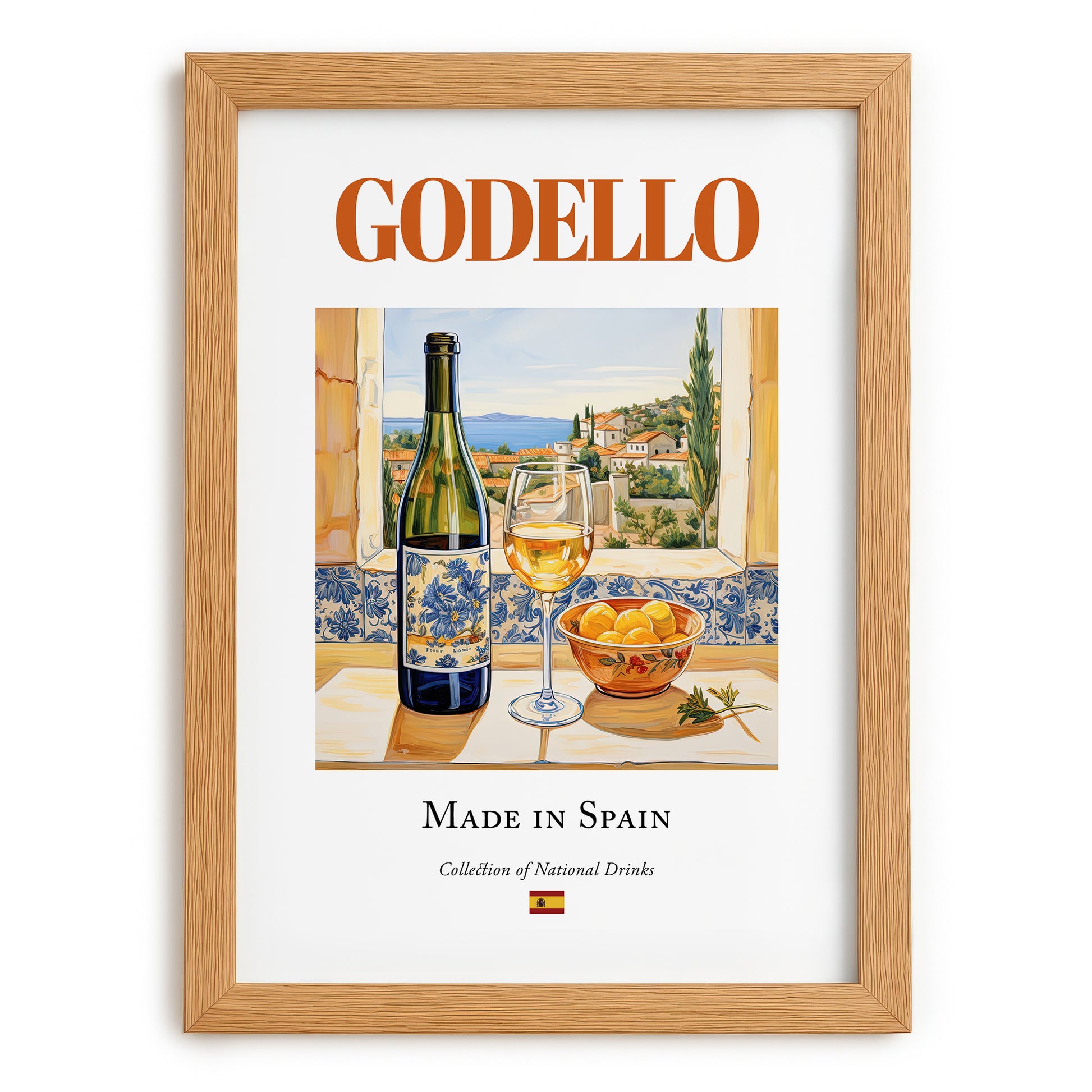 Godello – Spanish White Wine, Vinoteca Still Life, set in oak frame