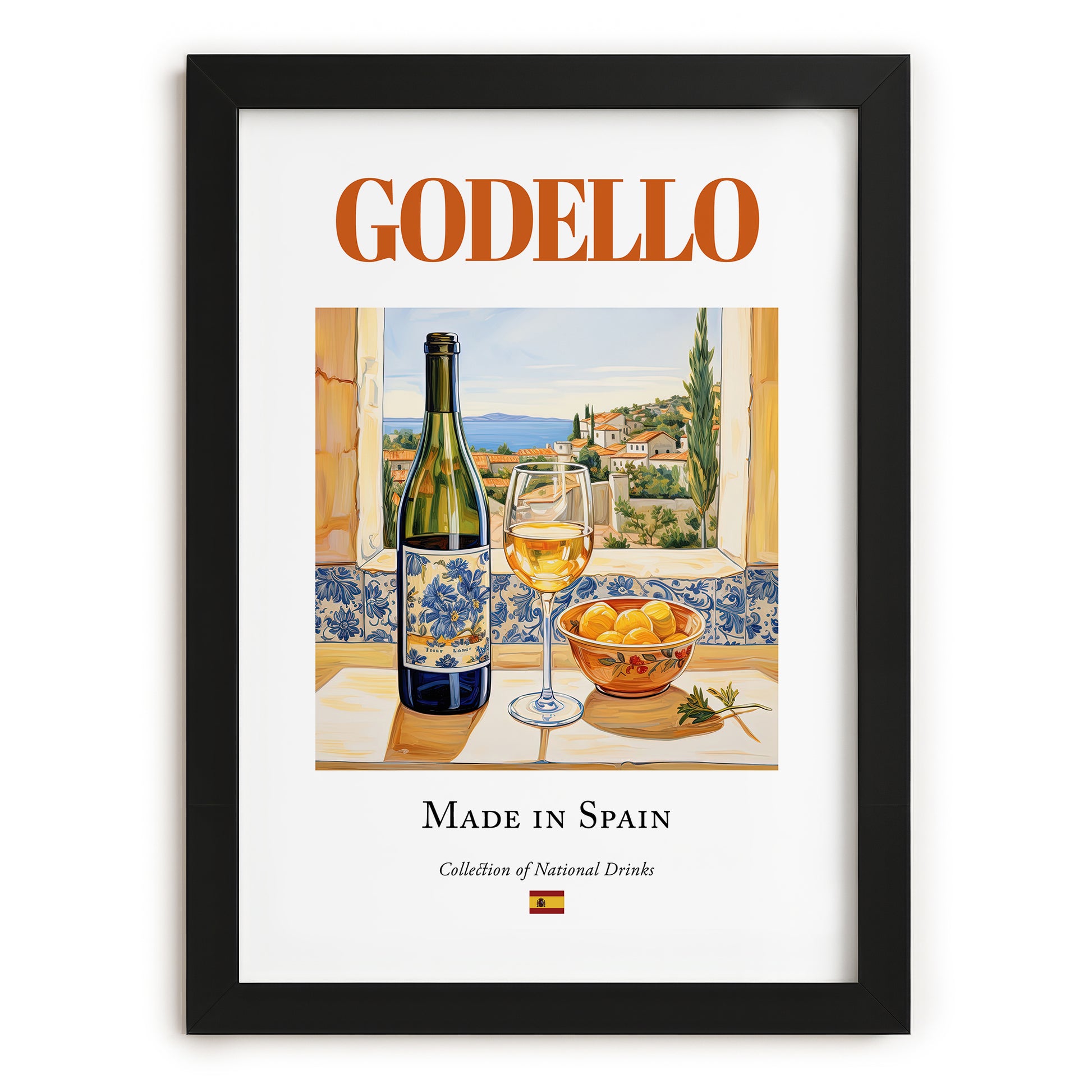 Godello – Spanish White Wine, Vinoteca Still Life, in sleek black frame