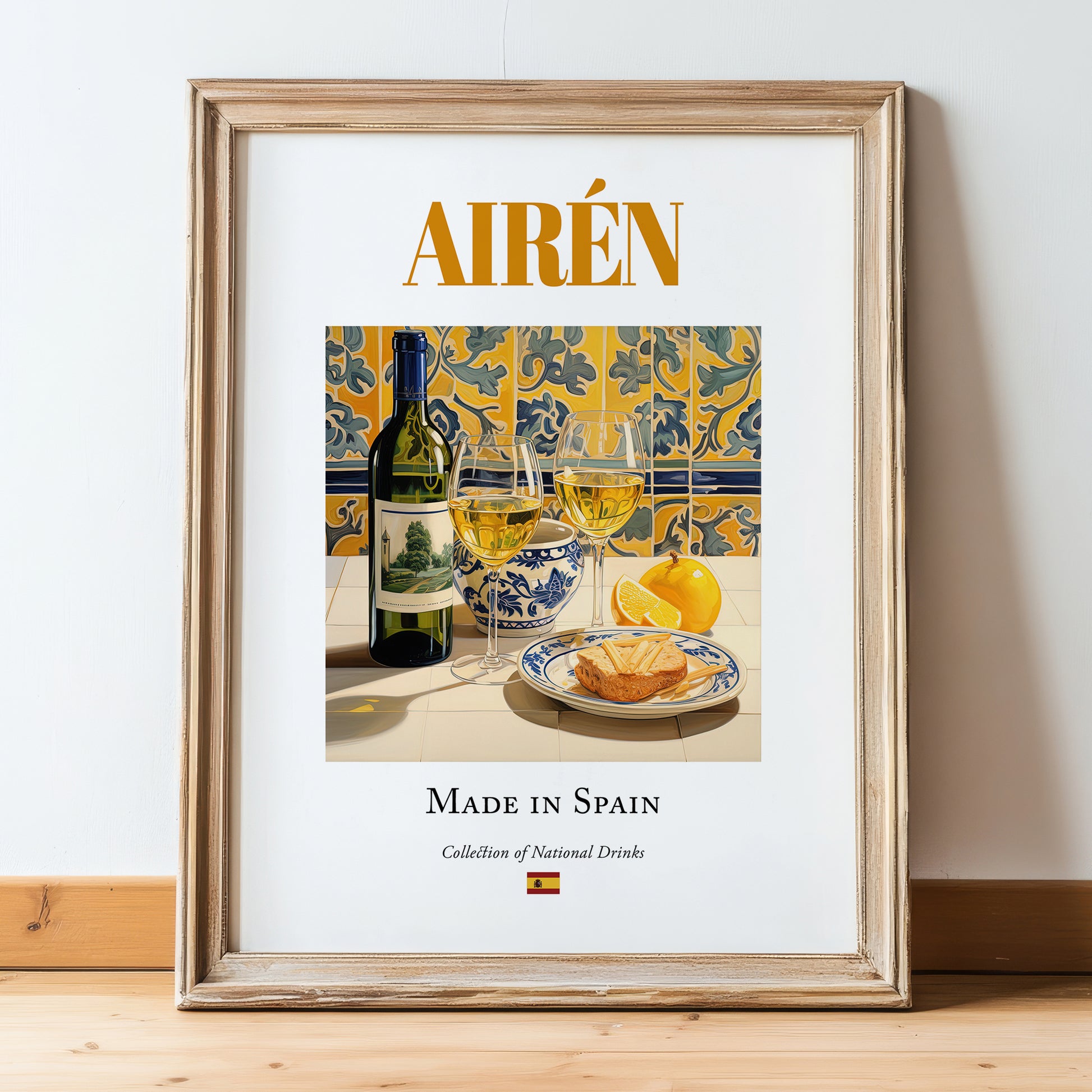 Airén – Spanish White Wine, Vinoteca Poster, in wooden frame leaning on the floor