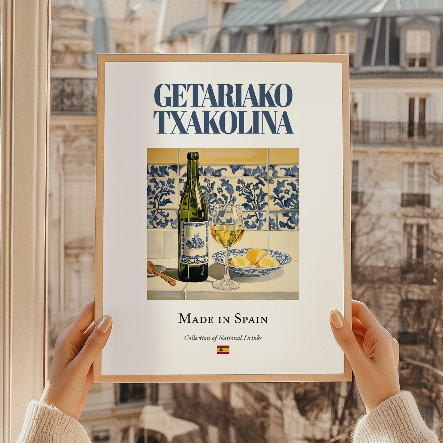 Getariako Txakolina – Spanish White Wine, Vineyard Terrace Painting, styled in a charming Paris street view