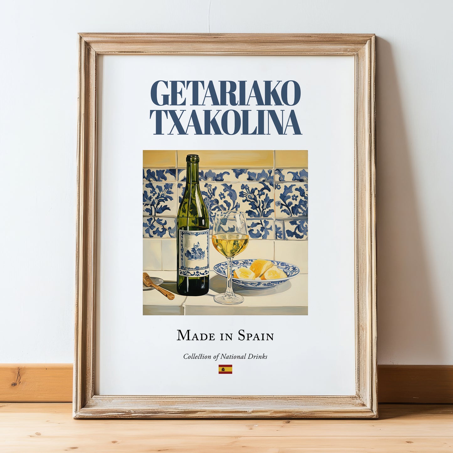 Getariako Txakolina – Spanish White Wine, Vineyard Terrace Painting, in wooden frame leaning on the floor
