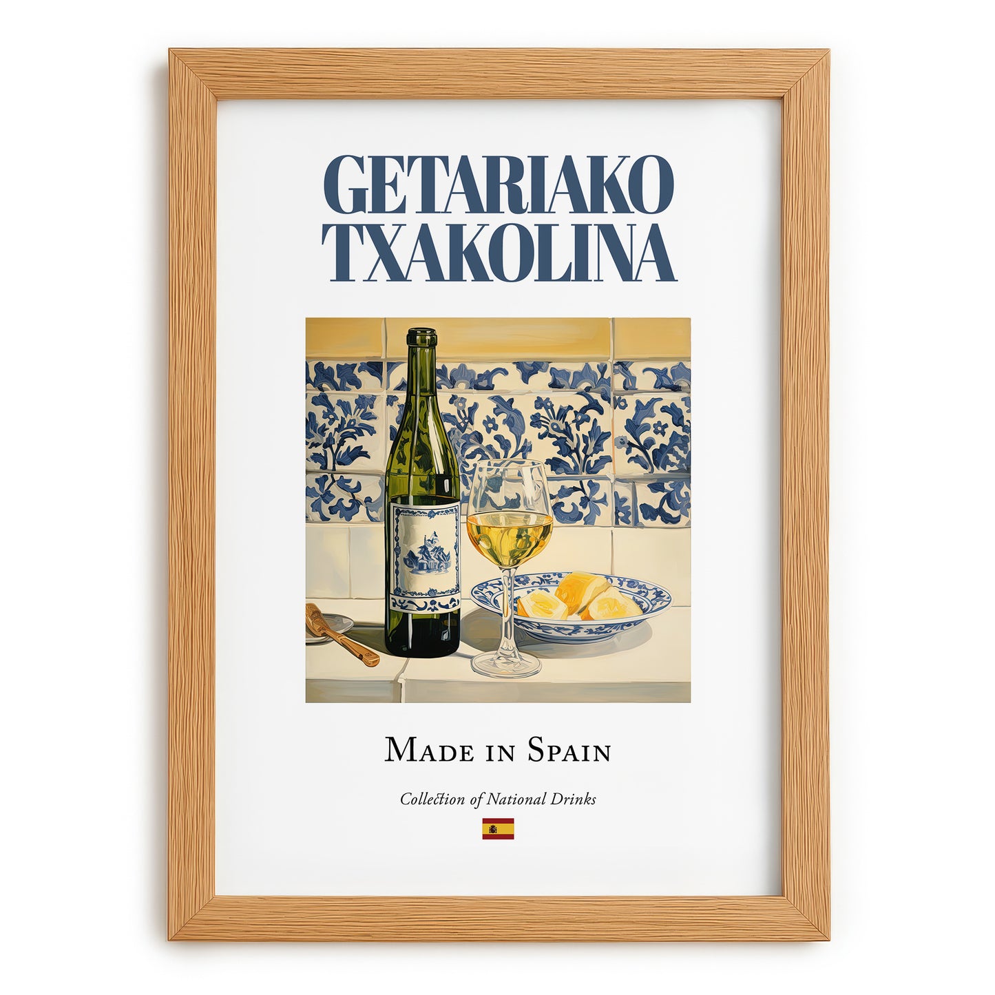 Getariako Txakolina – Spanish White Wine, Vineyard Terrace Painting, set in oak frame