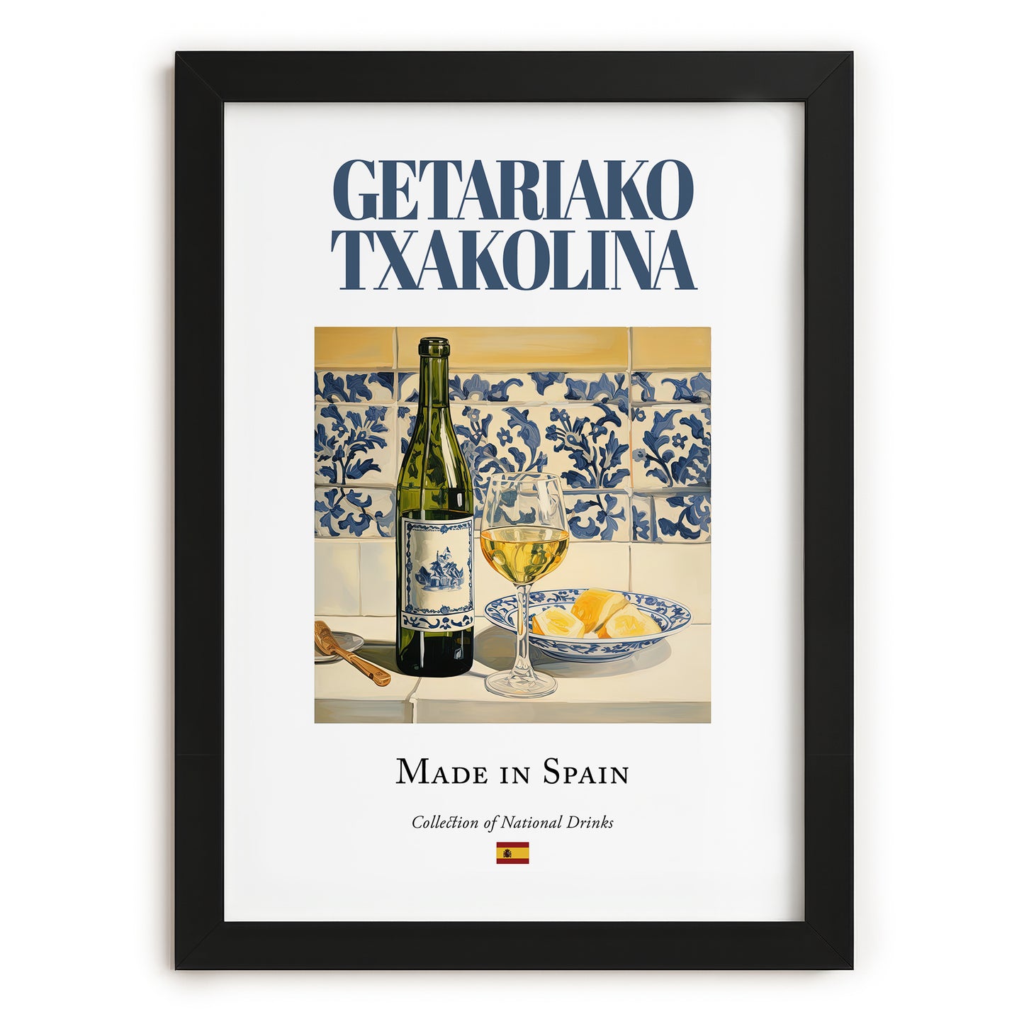 Getariako Txakolina – Spanish White Wine, Vineyard Terrace Painting, in sleek black frame
