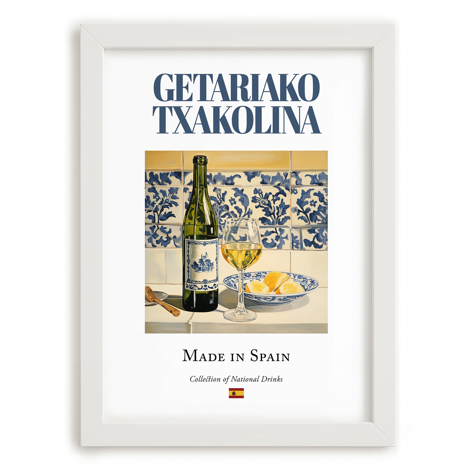 Getariako Txakolina – Spanish White Wine, Vineyard Terrace Painting, placed in minimal white frame