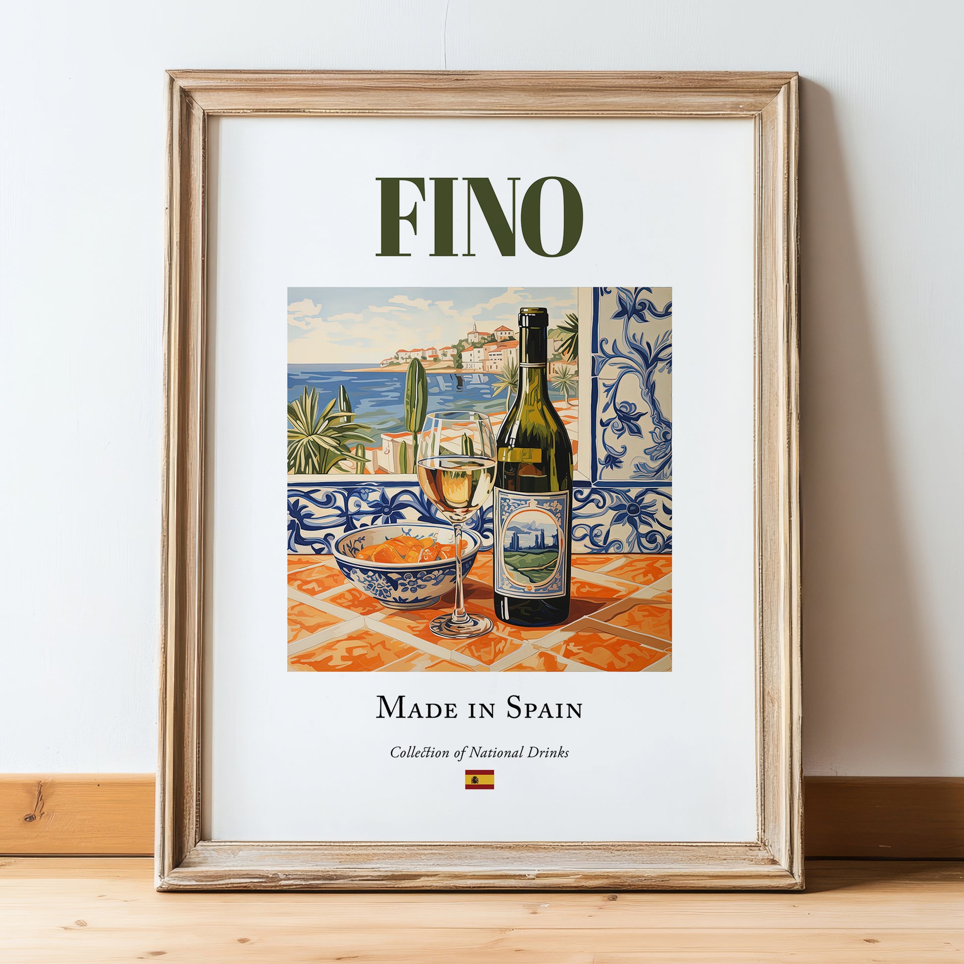 Fino – Spanish Dessert Wine, Enoteca Print, in wooden frame leaning on the floor
