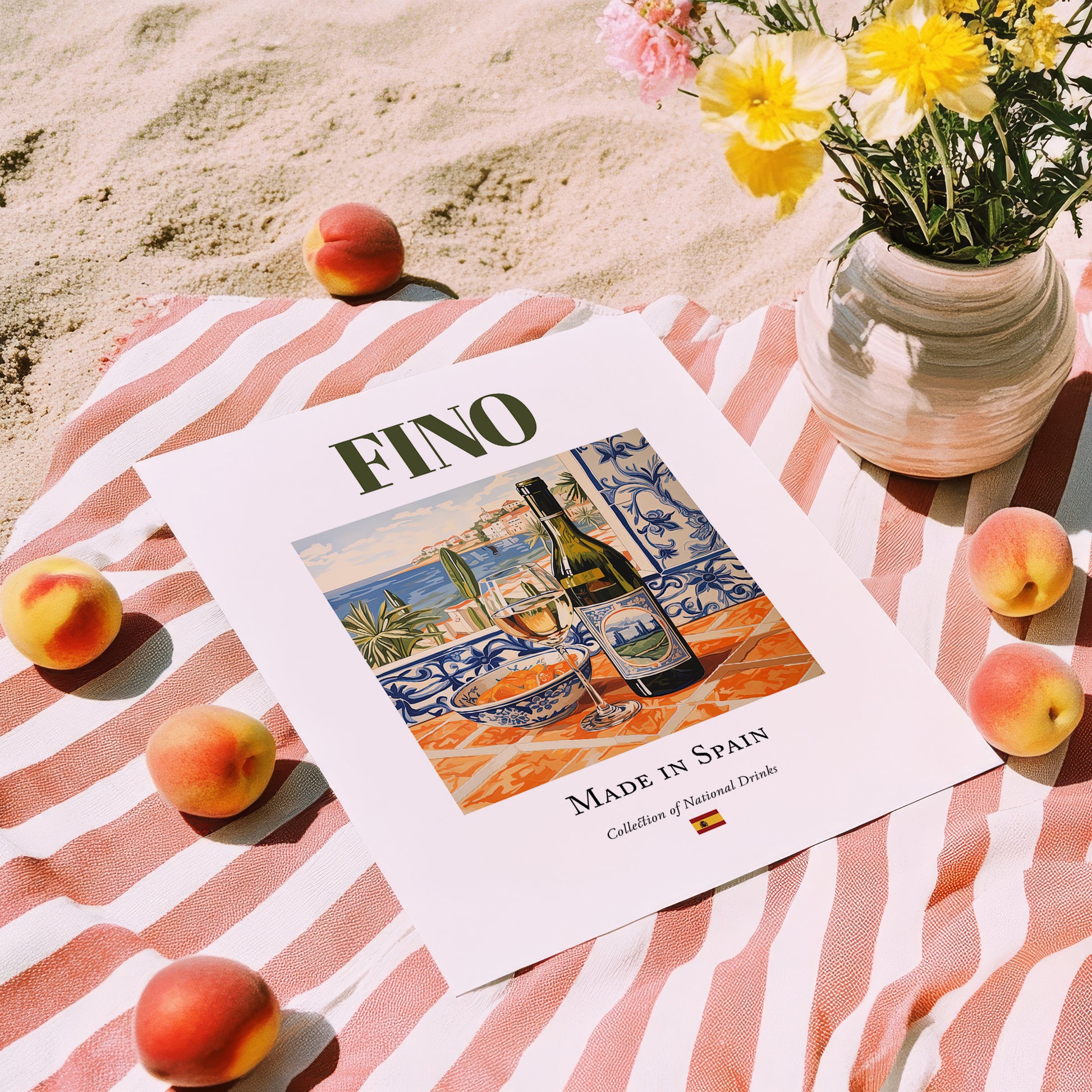 Fino – Spanish Dessert Wine, Enoteca Print, unframed on coastal sand
