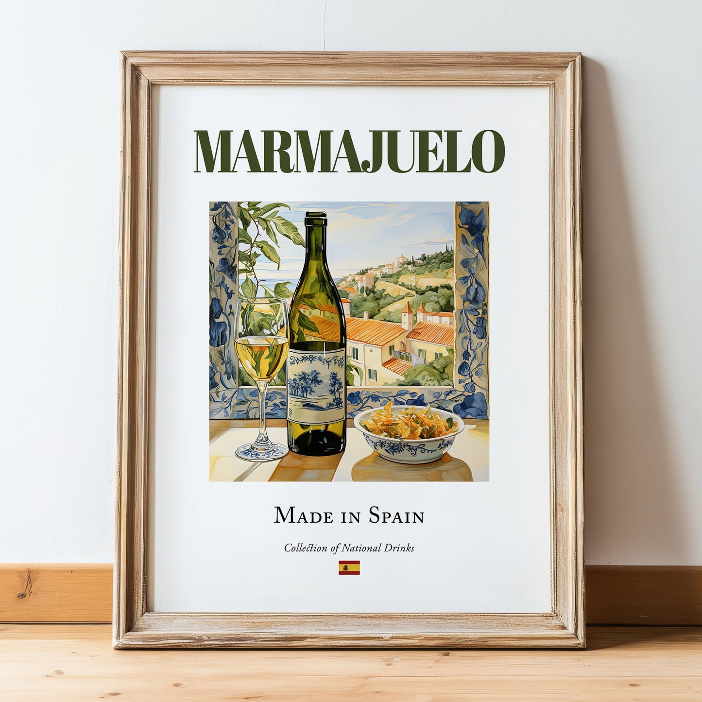 Marmajuelo – Spanish White Wine, Bodega Poster, in wooden frame leaning on the floor