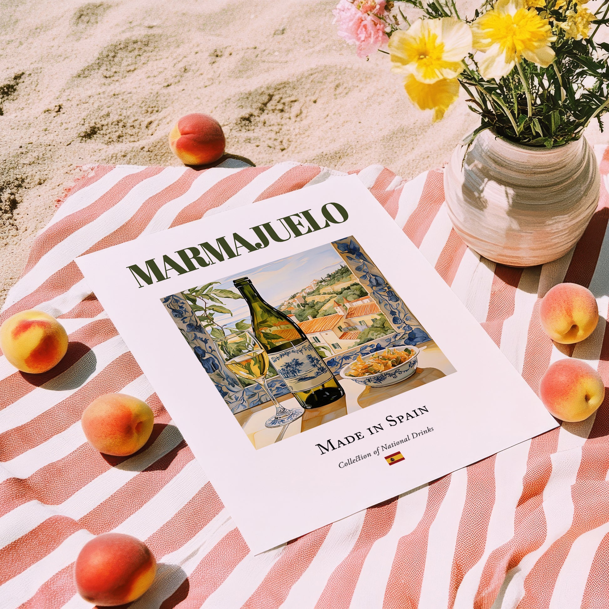 Marmajuelo – Spanish White Wine, Bodega Poster, unframed on coastal sand
