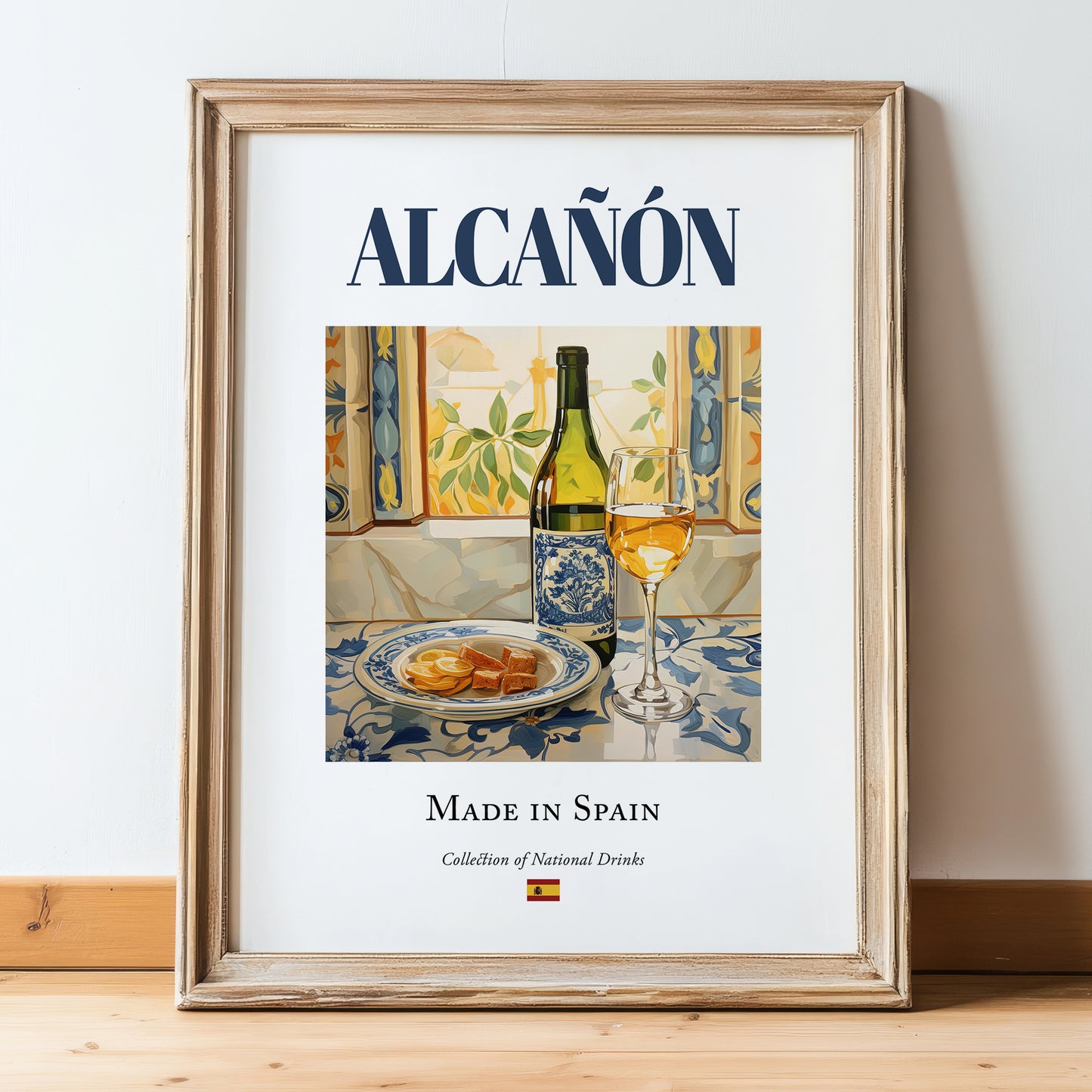 Alcañón – Spanish White Wine, Bodega Wall Art, in wooden frame leaning on the floor