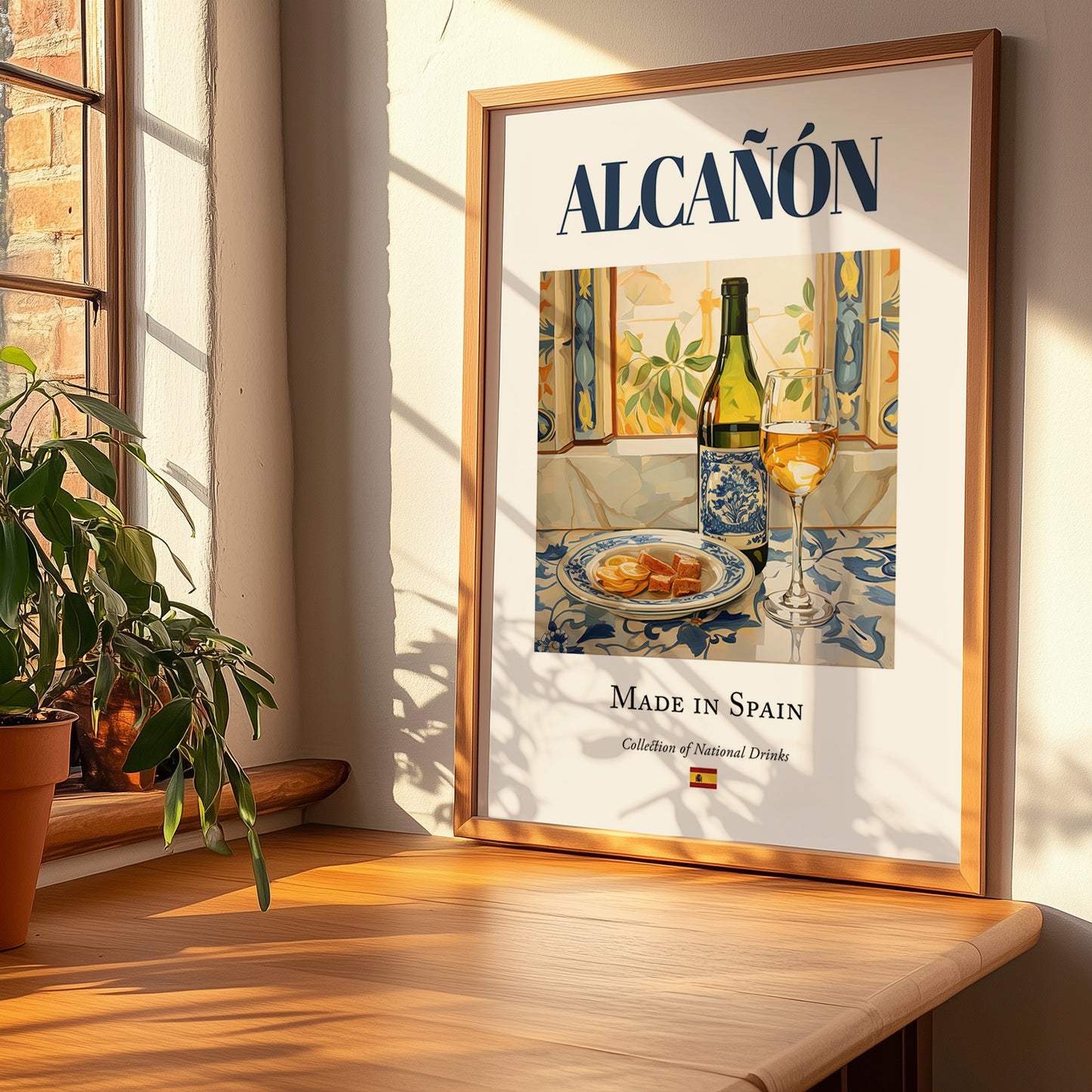 Alcañón – Spanish White Wine, Bodega Wall Art, no-text version framed in wood