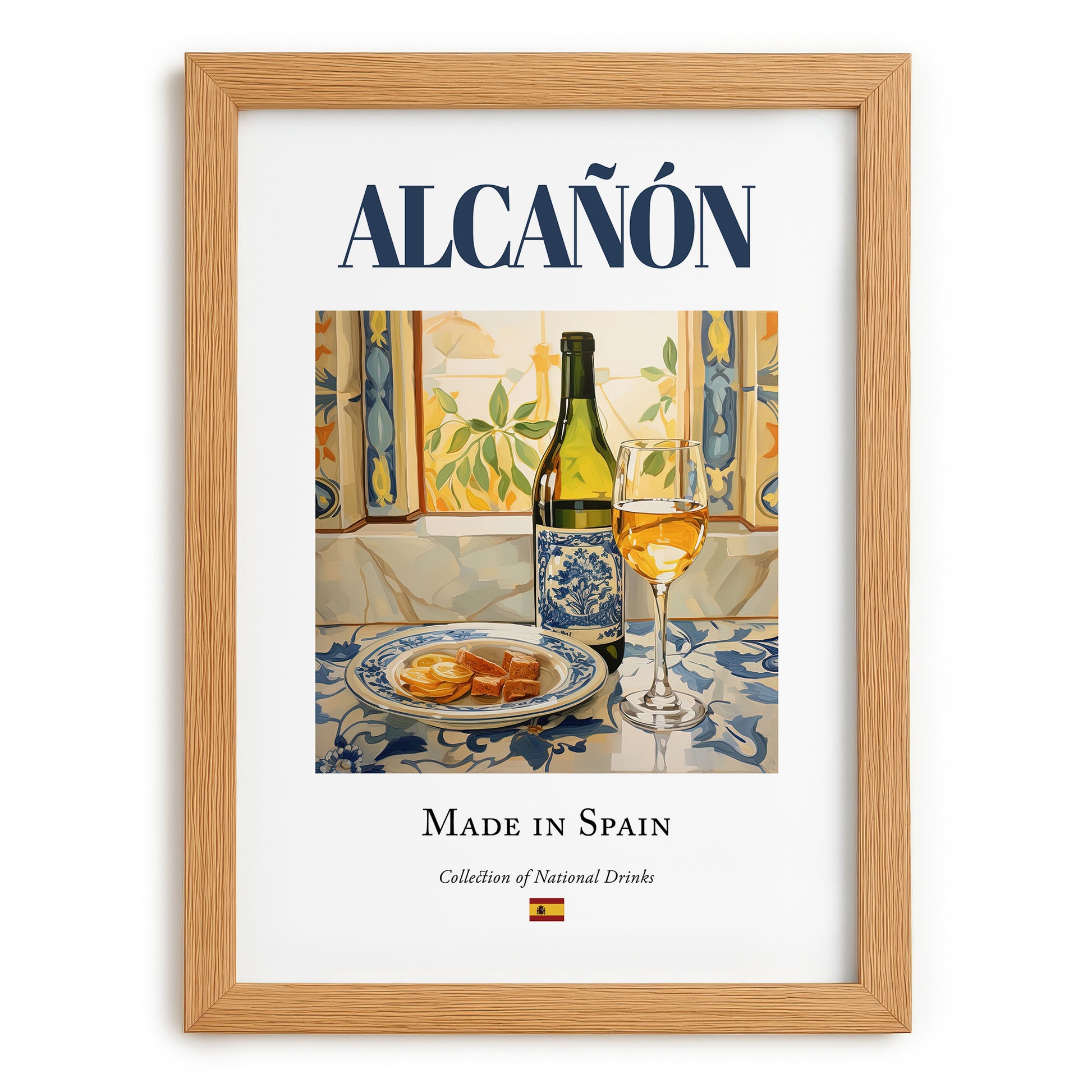 Alcañón – Spanish White Wine, Bodega Wall Art, set in oak frame