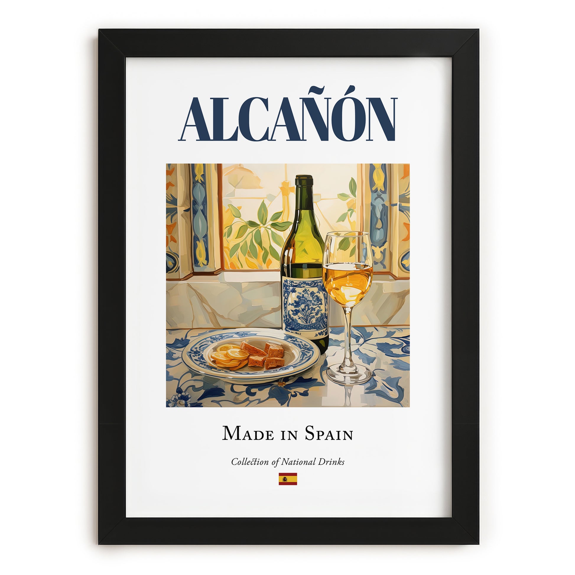 Alcañón – Spanish White Wine, Bodega Wall Art, in sleek black frame